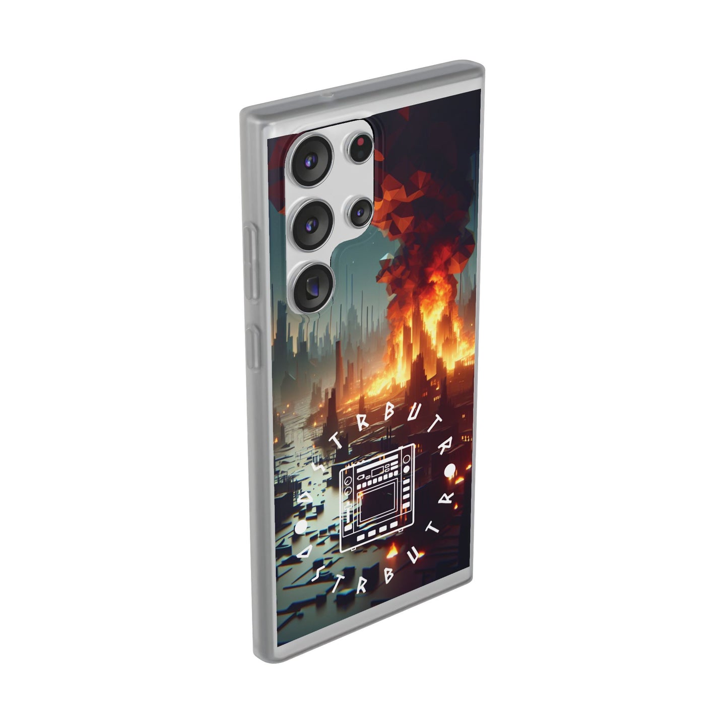 DSTRBUTR Flexi Cases with Fiery Cityscape Design – Perfect for Tech Enthusiasts and Gamers