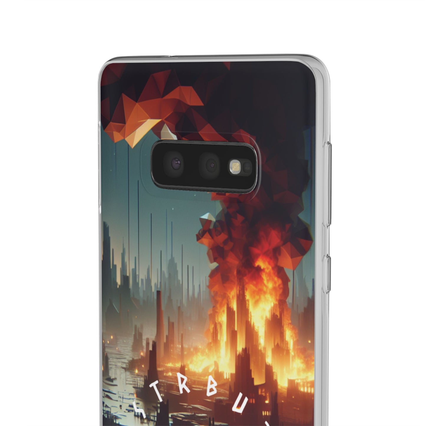 DSTRBUTR Flexi Cases with Fiery Cityscape Design – Perfect for Tech Enthusiasts and Gamers