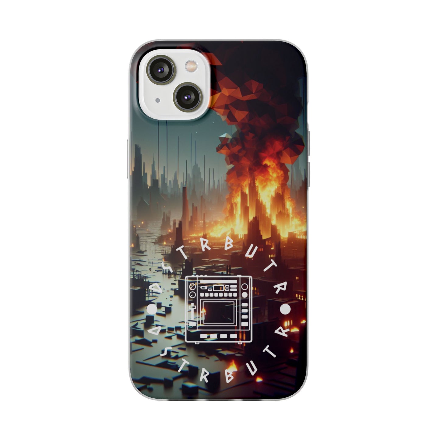 DSTRBUTR Flexi Cases with Fiery Cityscape Design – Perfect for Tech Enthusiasts and Gamers