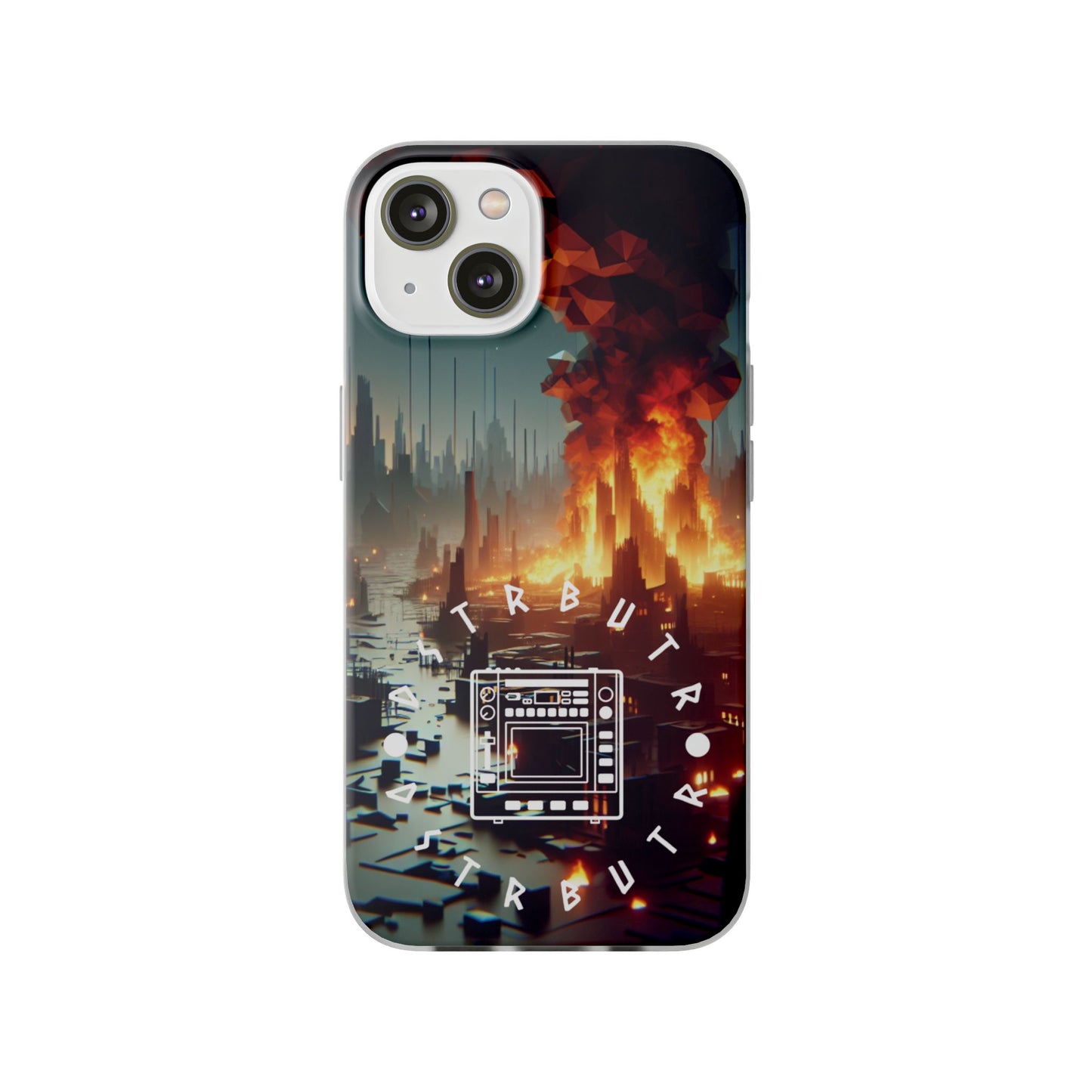 DSTRBUTR Flexi Cases with Fiery Cityscape Design – Perfect for Tech Enthusiasts and Gamers