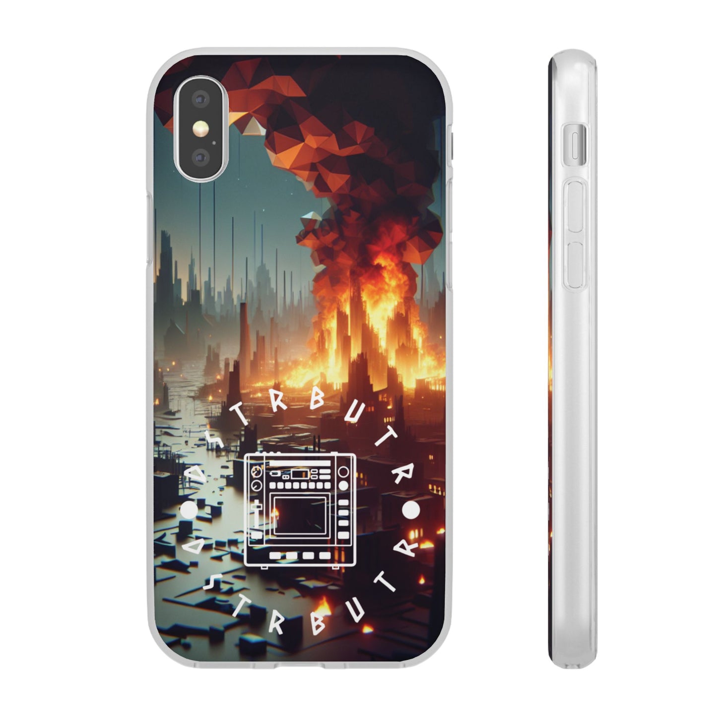 DSTRBUTR Flexi Cases with Fiery Cityscape Design – Perfect for Tech Enthusiasts and Gamers