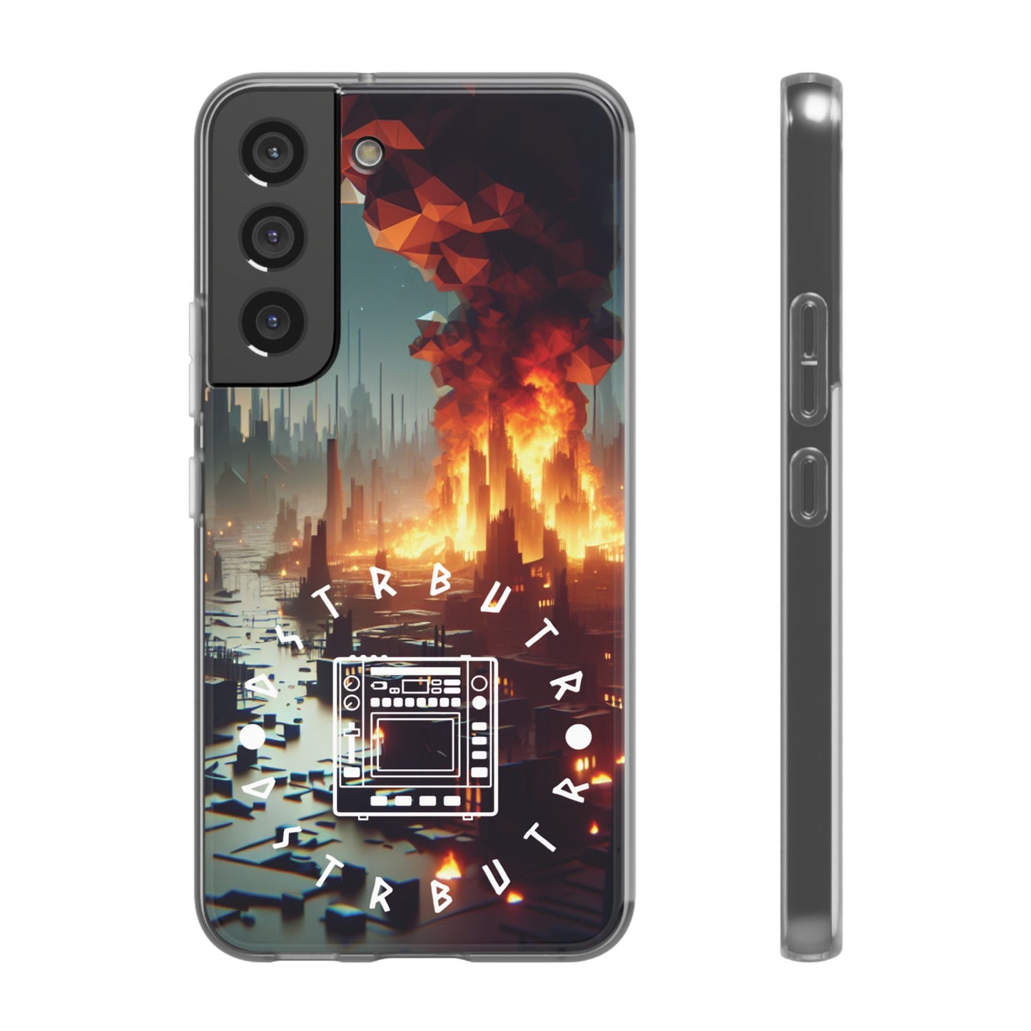 DSTRBUTR Flexi Cases with Fiery Cityscape Design – Perfect for Tech Enthusiasts and Gamers