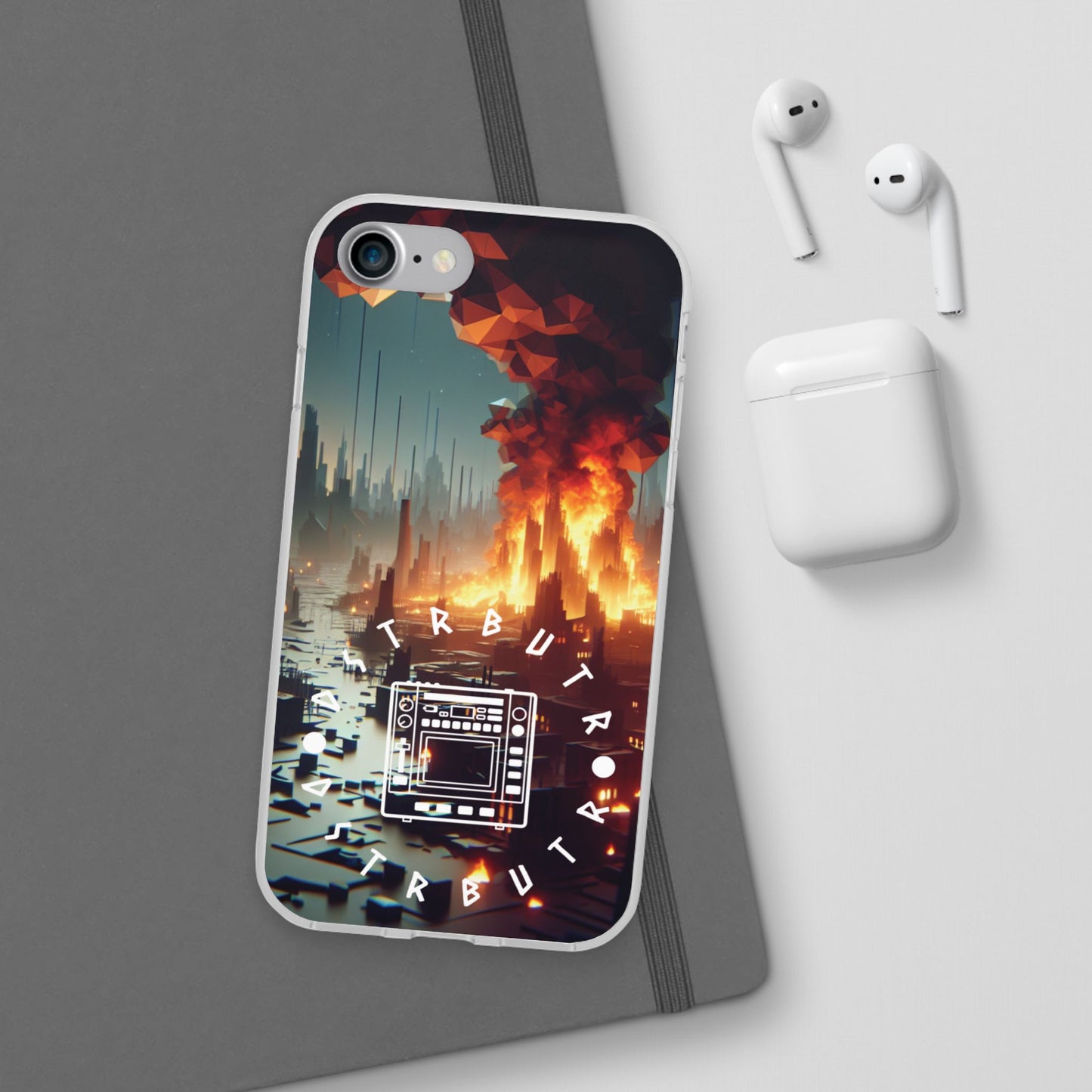 DSTRBUTR Flexi Cases with Fiery Cityscape Design – Perfect for Tech Enthusiasts and Gamers