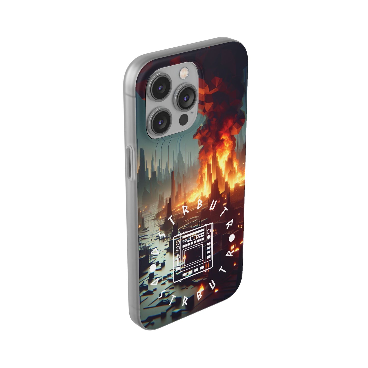 DSTRBUTR Flexi Cases with Fiery Cityscape Design – Perfect for Tech Enthusiasts and Gamers