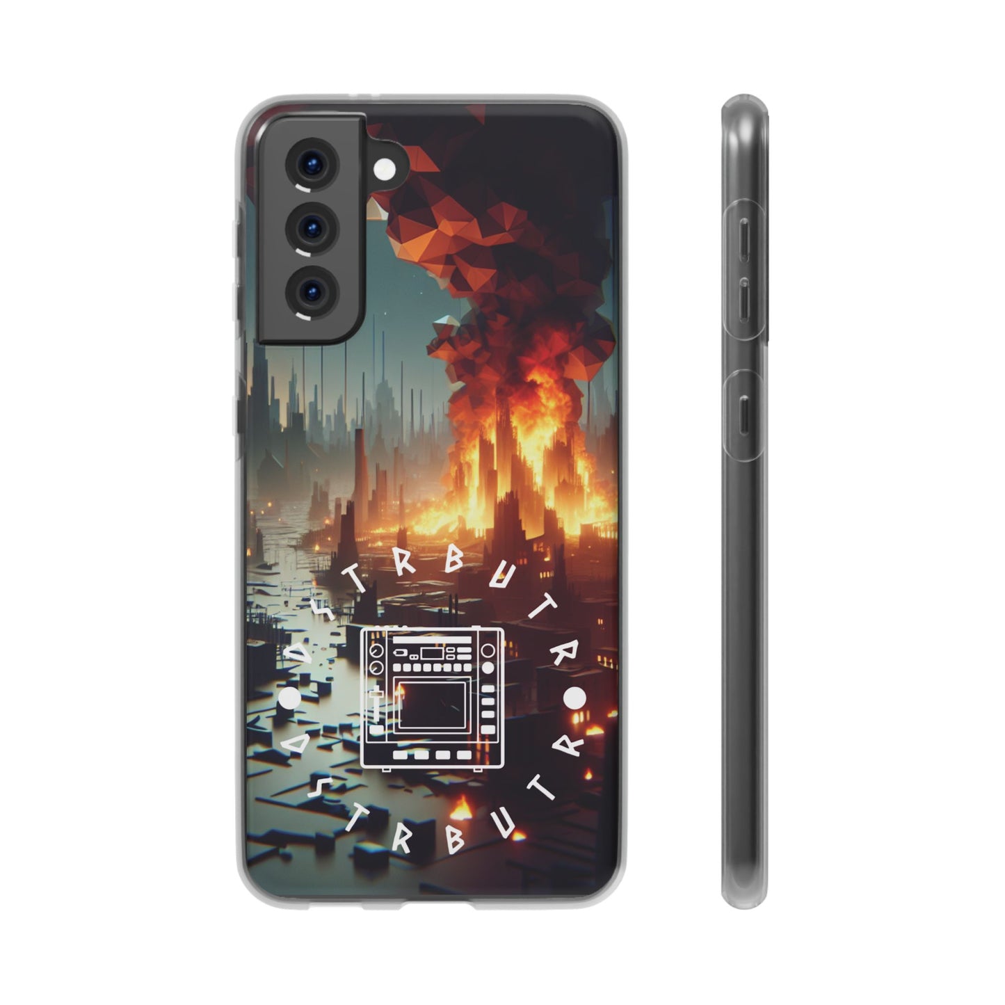 DSTRBUTR Flexi Cases with Fiery Cityscape Design – Perfect for Tech Enthusiasts and Gamers