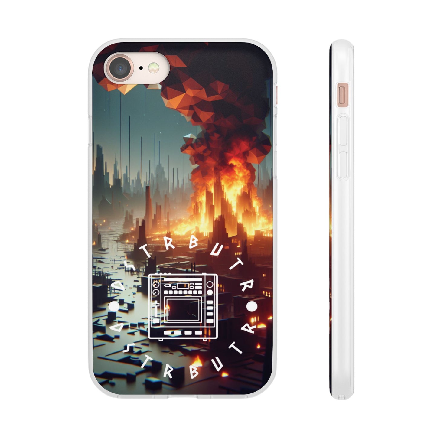 DSTRBUTR Flexi Cases with Fiery Cityscape Design – Perfect for Tech Enthusiasts and Gamers