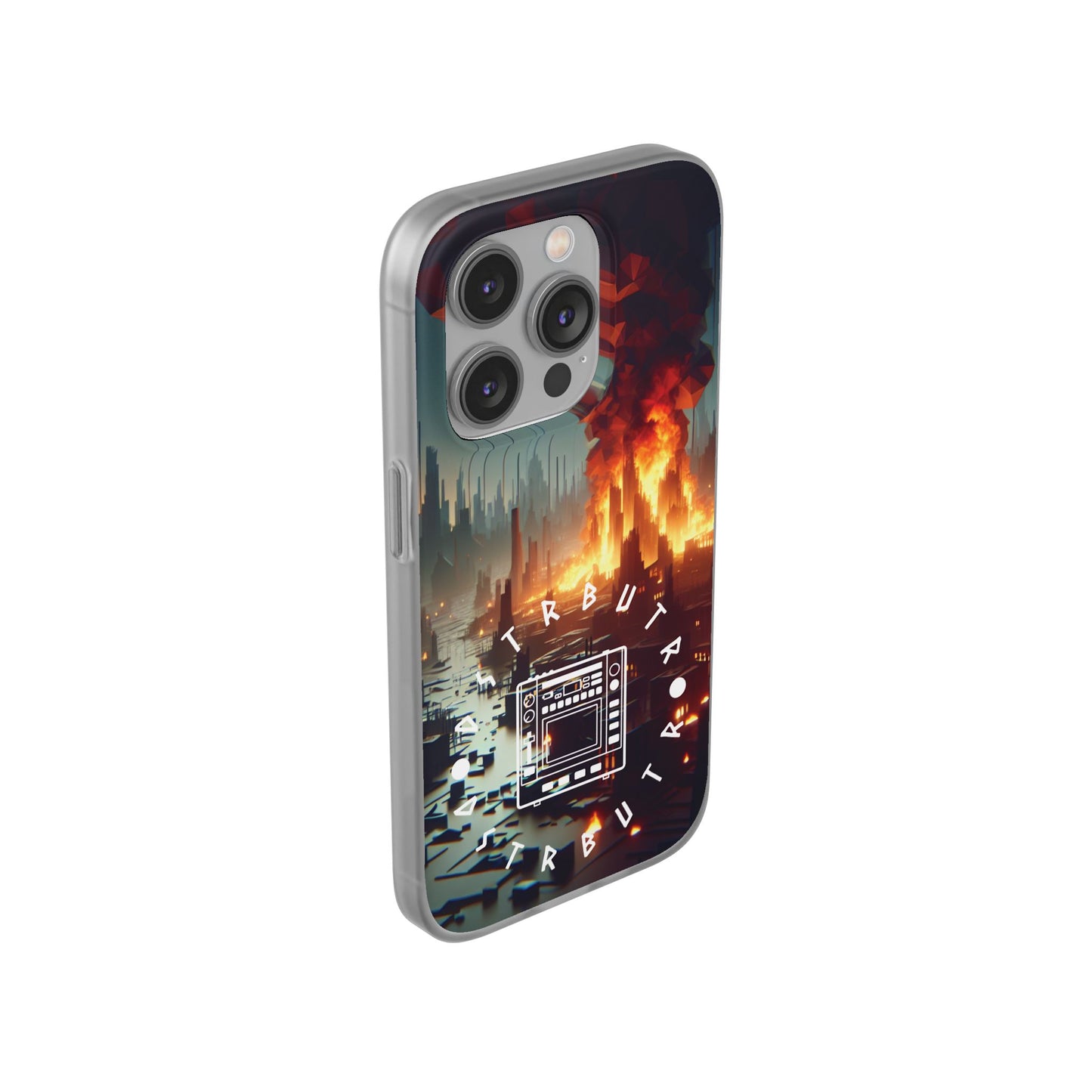 DSTRBUTR Flexi Cases with Fiery Cityscape Design – Perfect for Tech Enthusiasts and Gamers