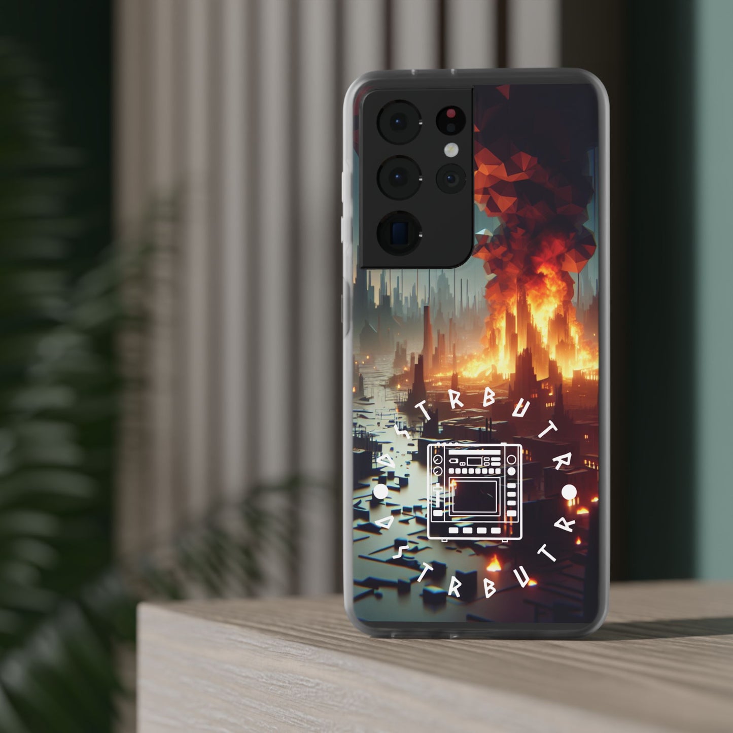 DSTRBUTR Flexi Cases with Fiery Cityscape Design – Perfect for Tech Enthusiasts and Gamers