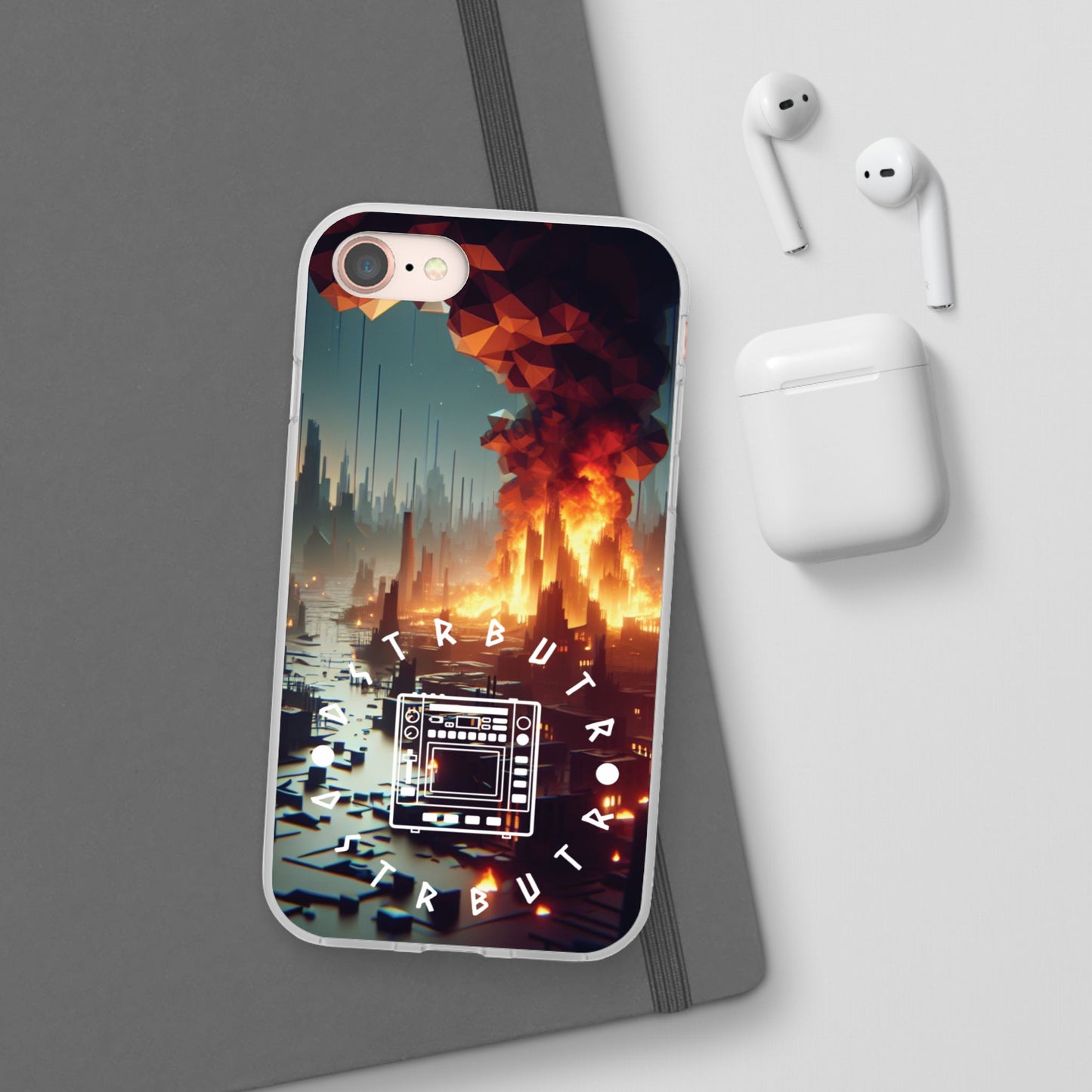 DSTRBUTR Flexi Cases with Fiery Cityscape Design – Perfect for Tech Enthusiasts and Gamers