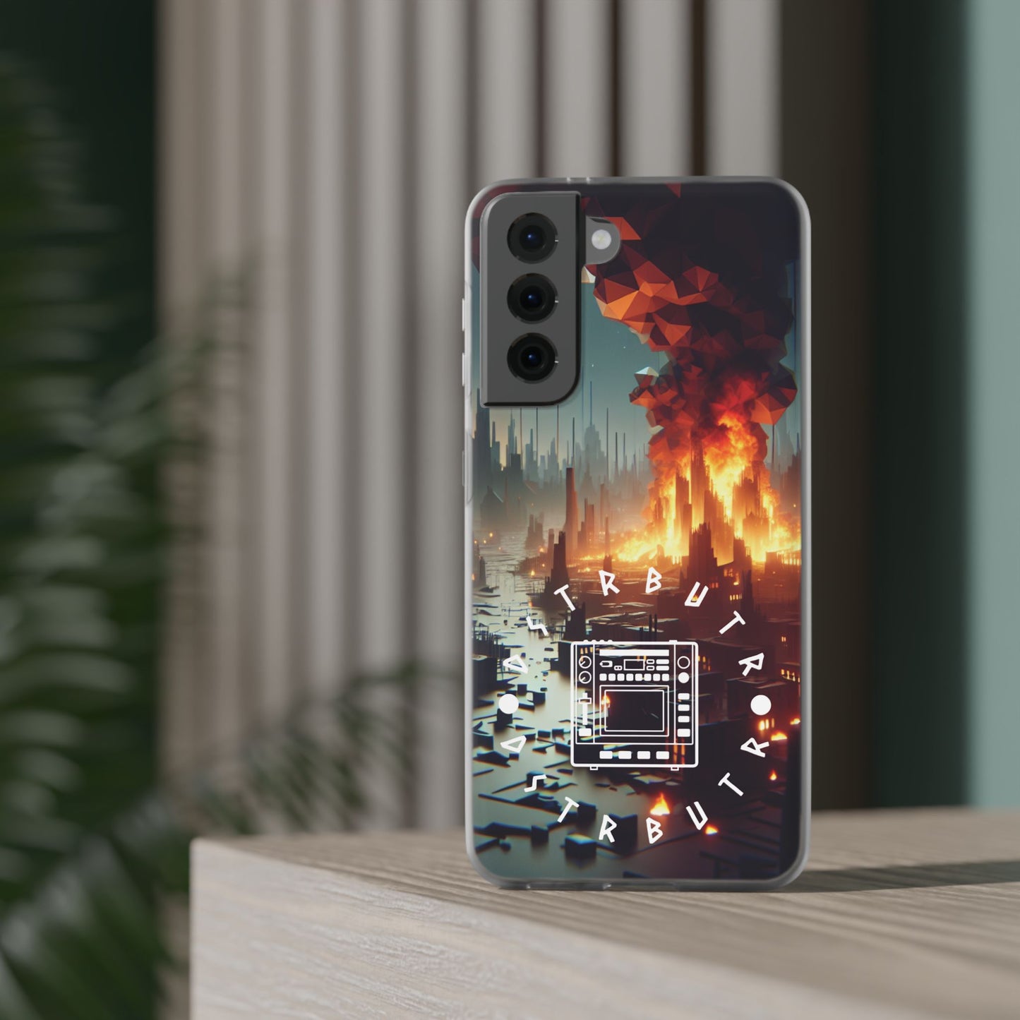 DSTRBUTR Flexi Cases with Fiery Cityscape Design – Perfect for Tech Enthusiasts and Gamers