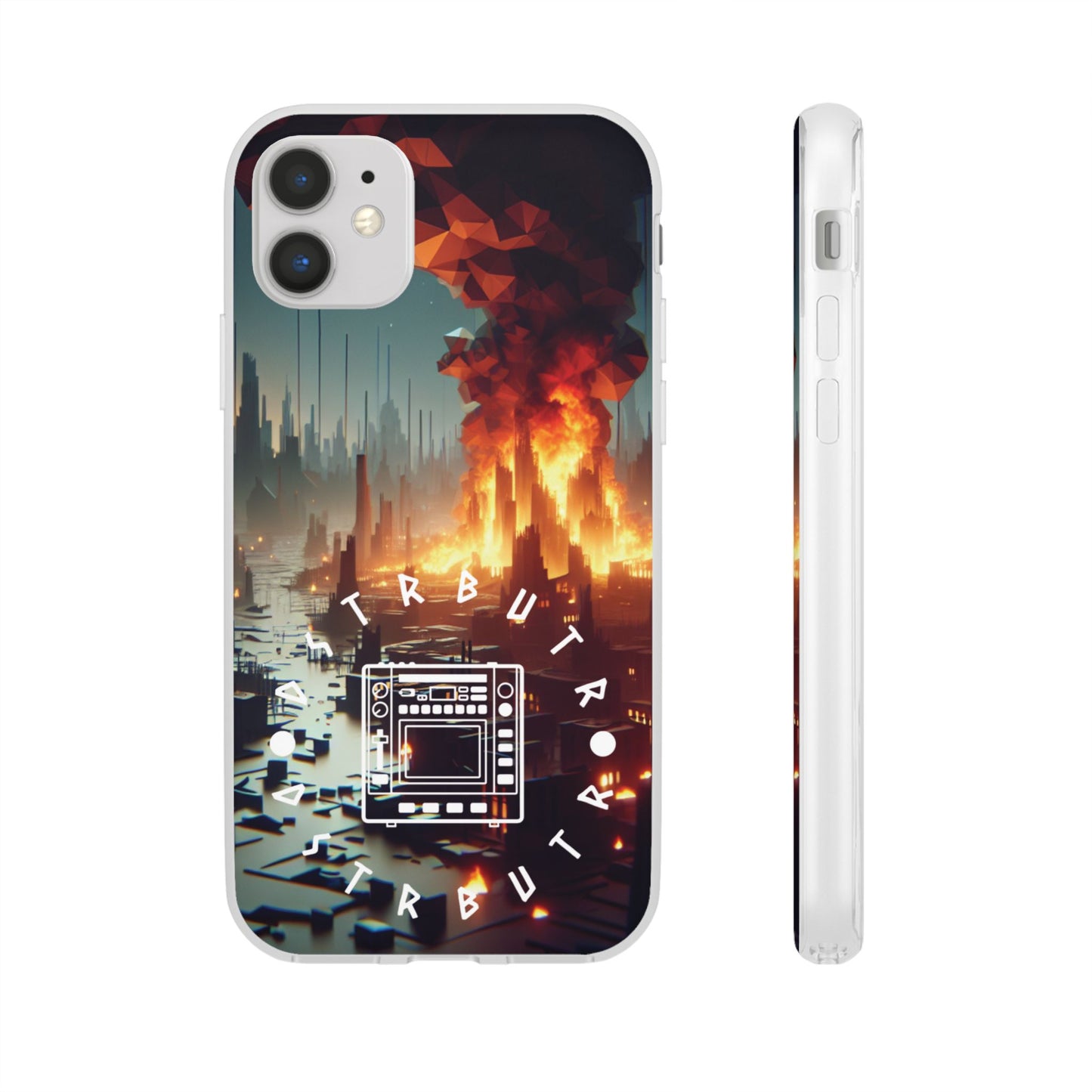 DSTRBUTR Flexi Cases with Fiery Cityscape Design – Perfect for Tech Enthusiasts and Gamers