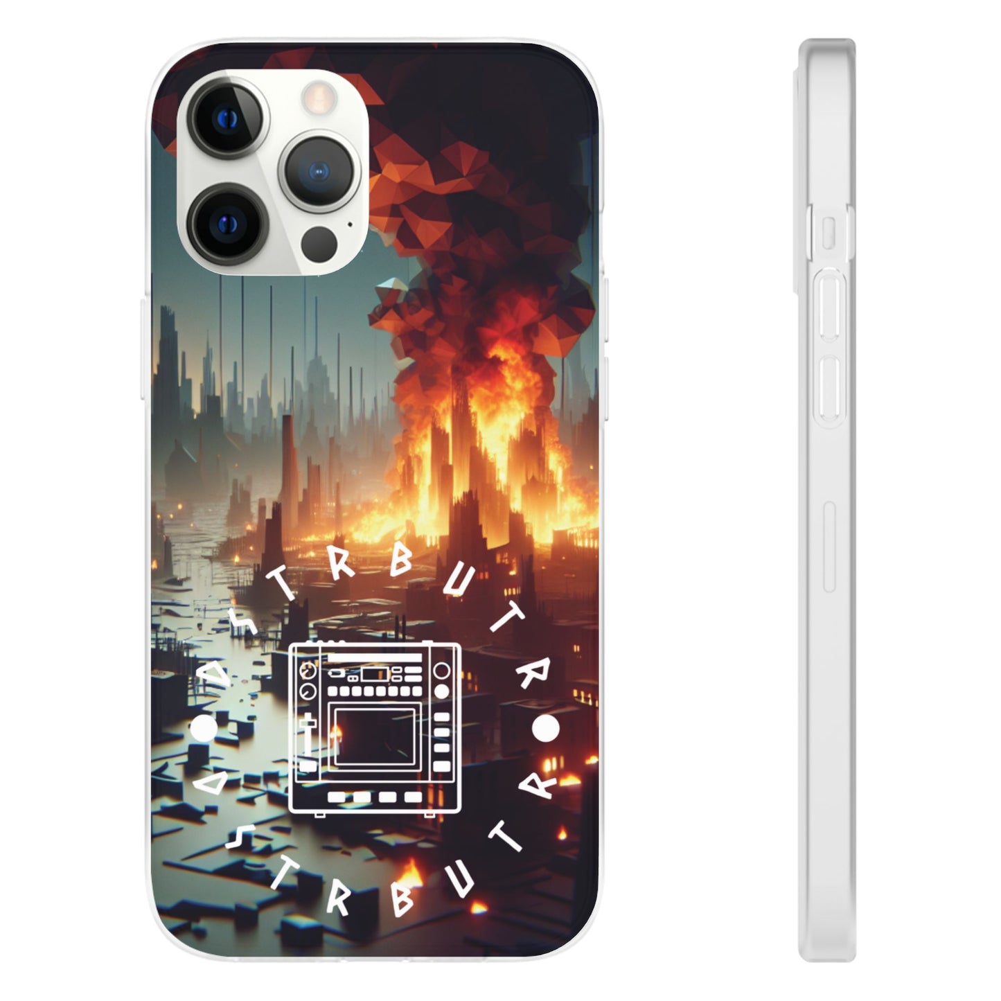 DSTRBUTR Flexi Cases with Fiery Cityscape Design – Perfect for Tech Enthusiasts and Gamers