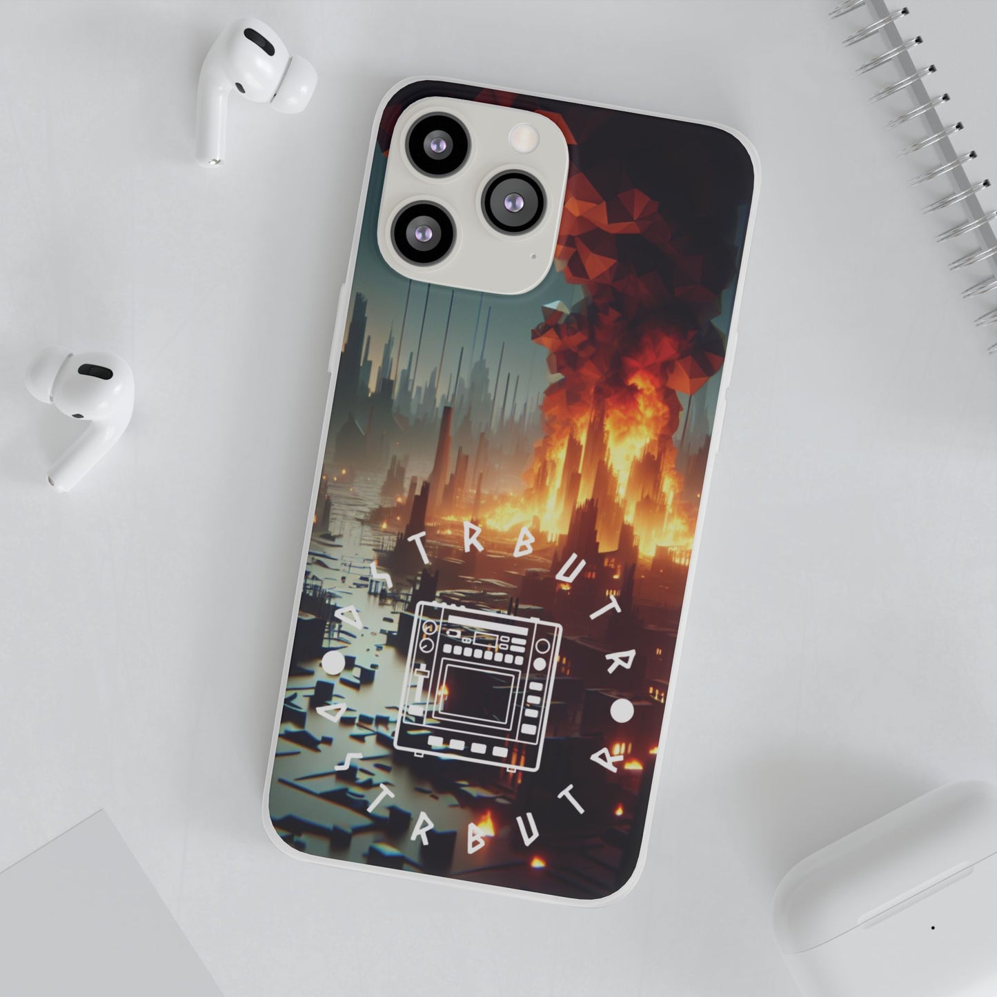 DSTRBUTR Flexi Cases with Fiery Cityscape Design – Perfect for Tech Enthusiasts and Gamers