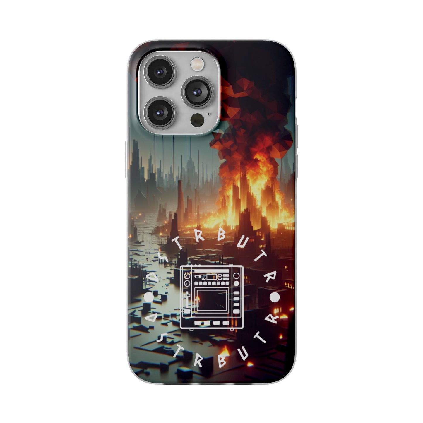 DSTRBUTR Flexi Cases with Fiery Cityscape Design – Perfect for Tech Enthusiasts and Gamers