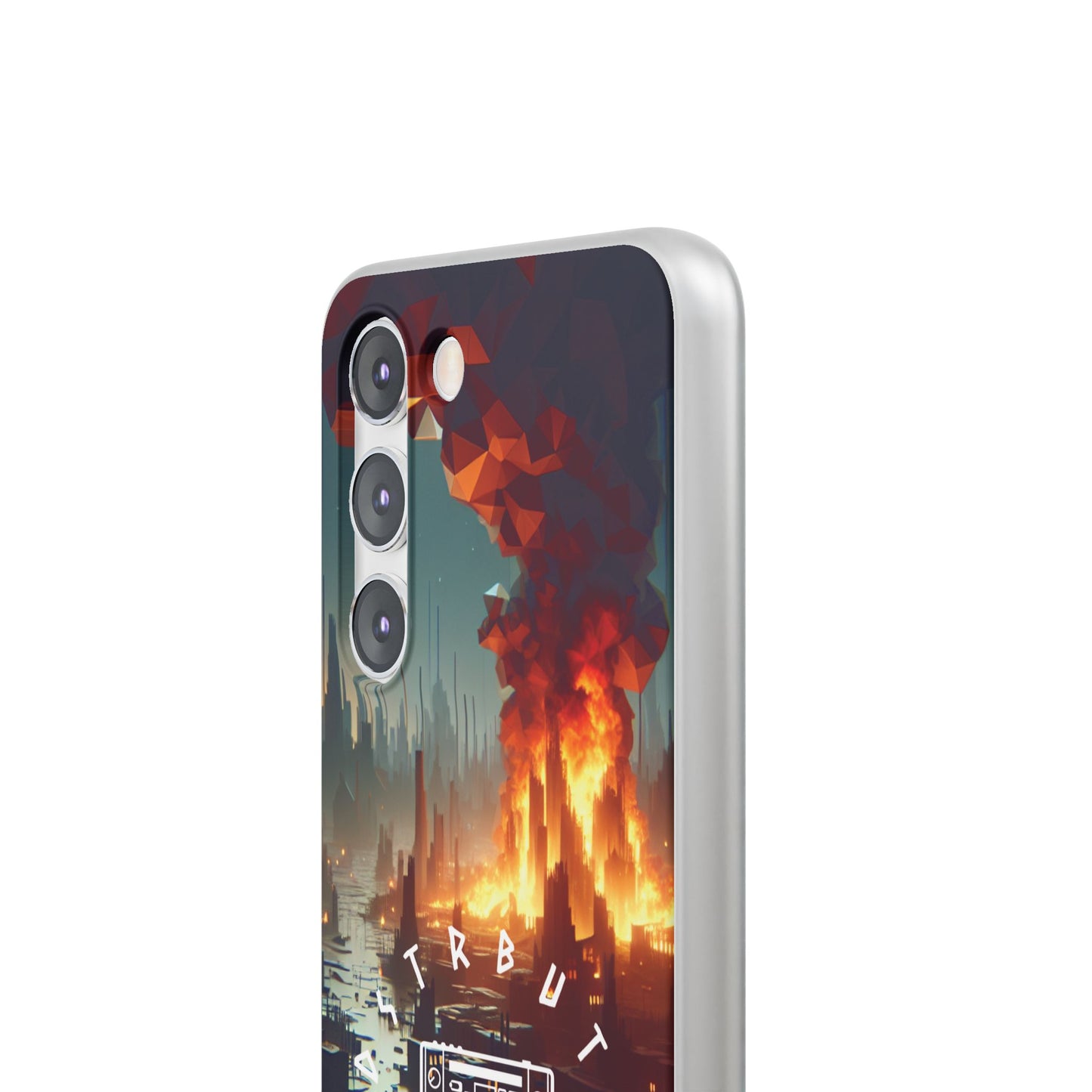 DSTRBUTR Flexi Cases with Fiery Cityscape Design – Perfect for Tech Enthusiasts and Gamers