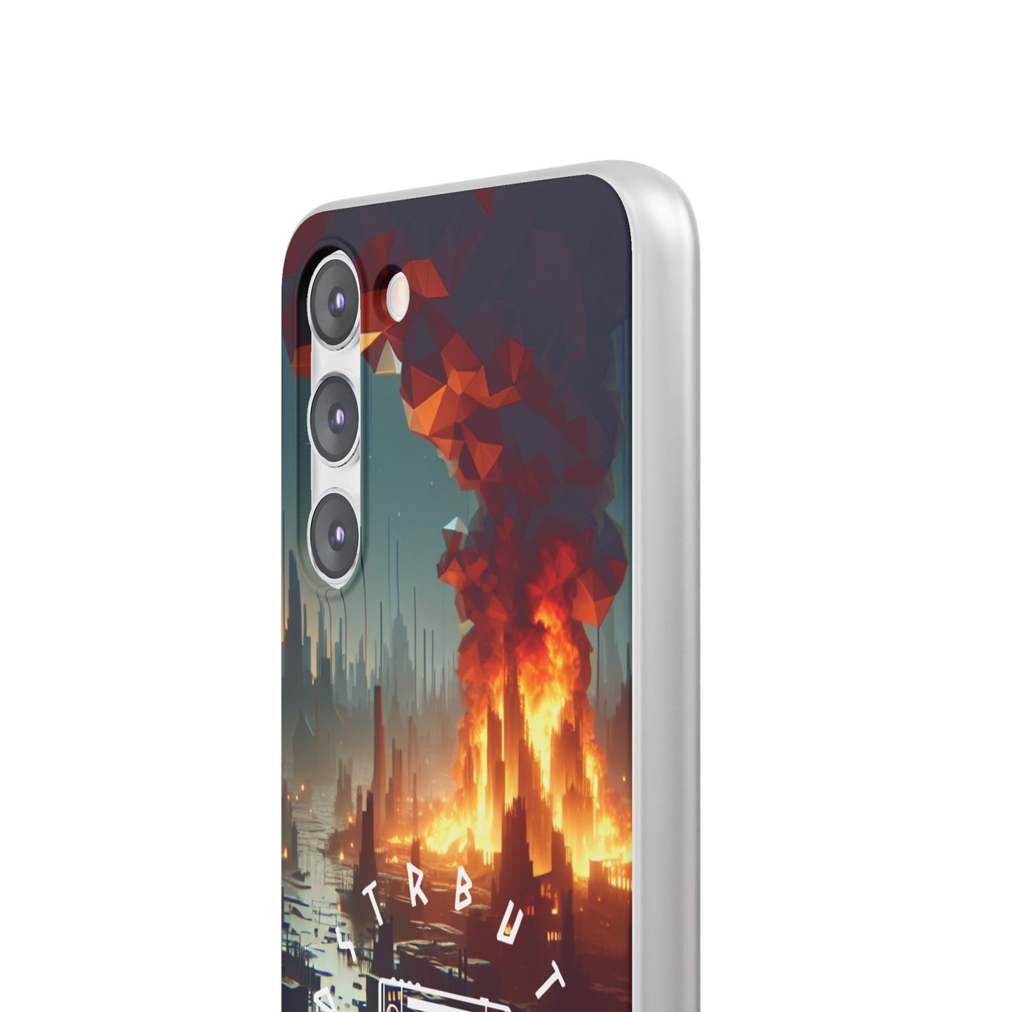 DSTRBUTR Flexi Cases with Fiery Cityscape Design – Perfect for Tech Enthusiasts and Gamers