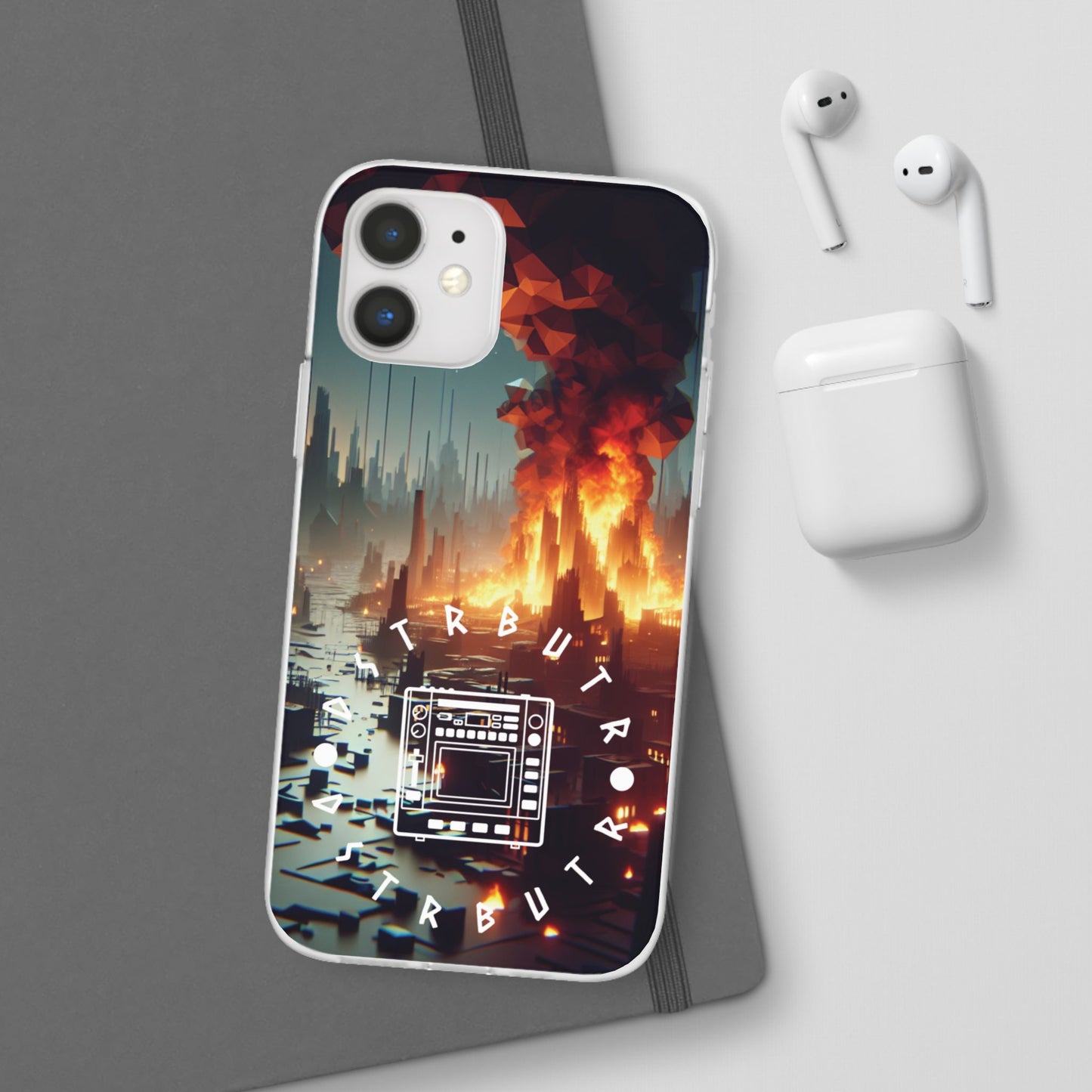 DSTRBUTR Flexi Cases with Fiery Cityscape Design – Perfect for Tech Enthusiasts and Gamers