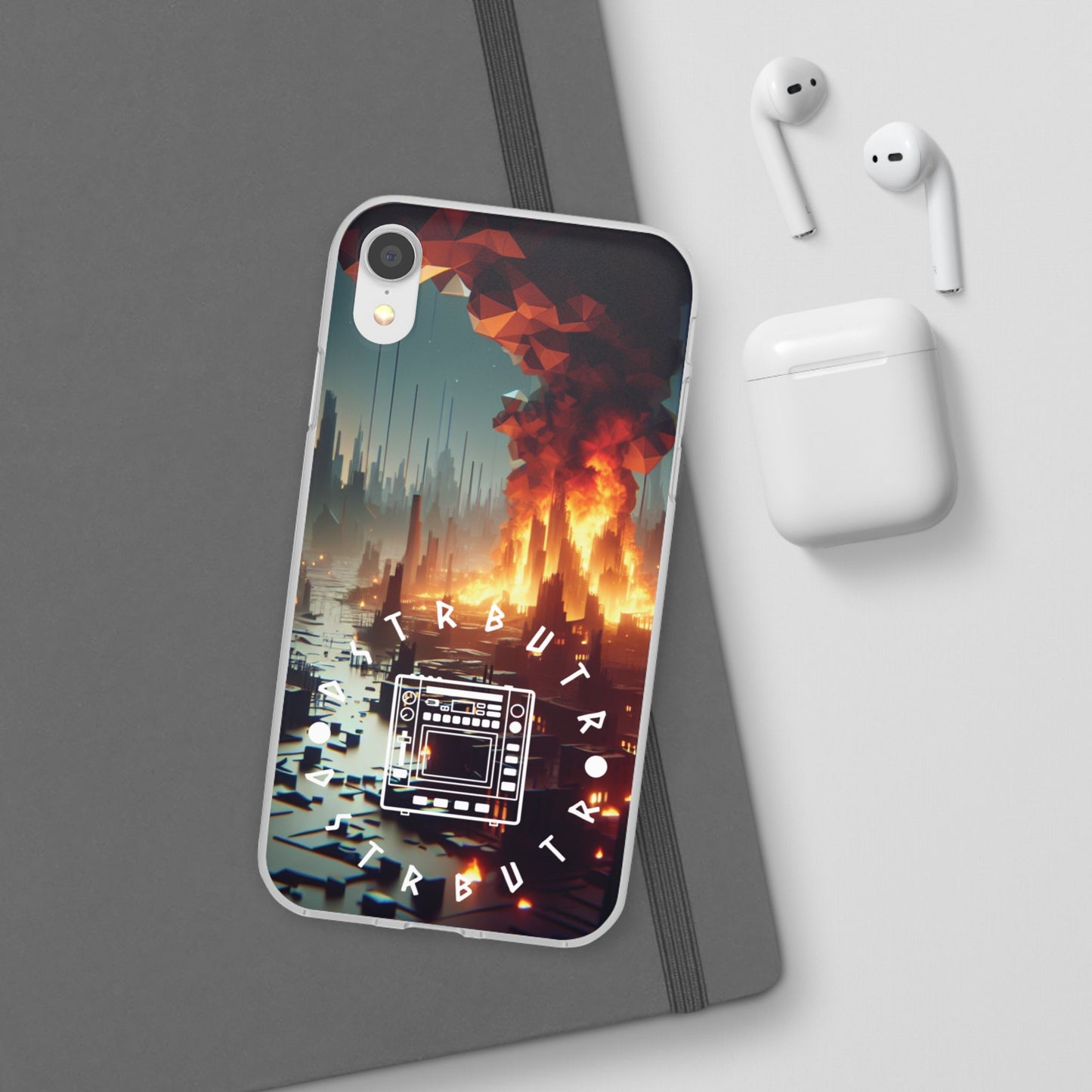 DSTRBUTR Flexi Cases with Fiery Cityscape Design – Perfect for Tech Enthusiasts and Gamers