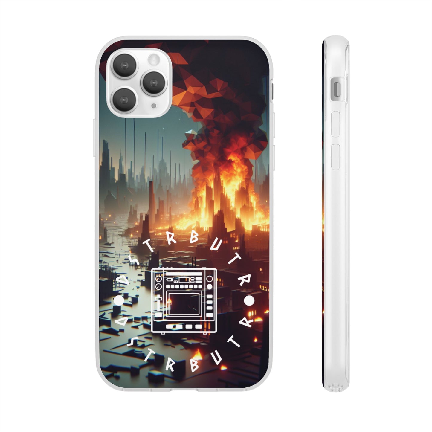 DSTRBUTR Flexi Cases with Fiery Cityscape Design – Perfect for Tech Enthusiasts and Gamers