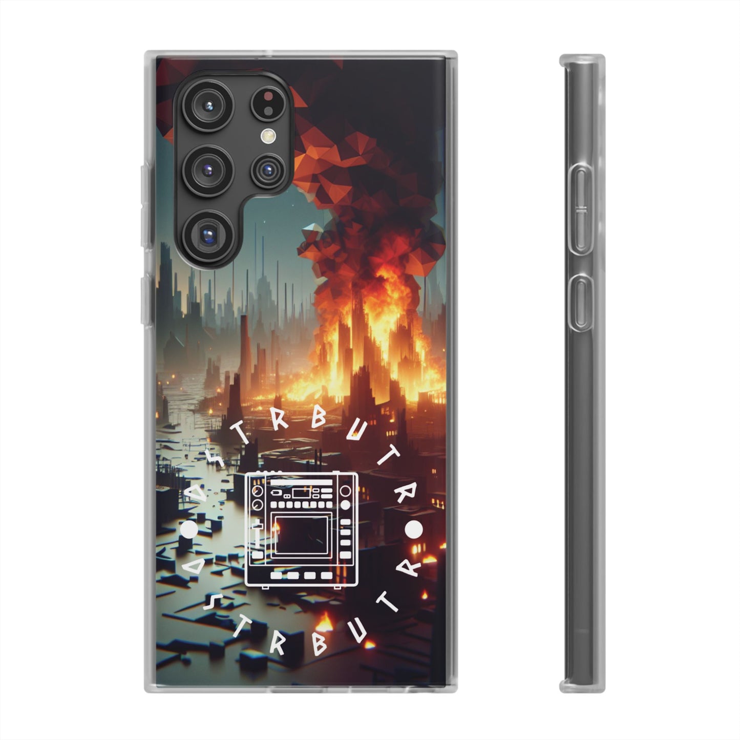 DSTRBUTR Flexi Cases with Fiery Cityscape Design – Perfect for Tech Enthusiasts and Gamers