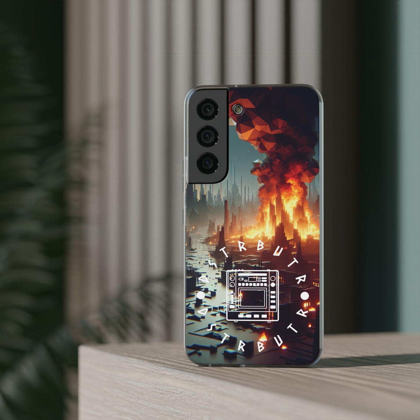 DSTRBUTR Flexi Cases with Fiery Cityscape Design – Perfect for Tech Enthusiasts and Gamers