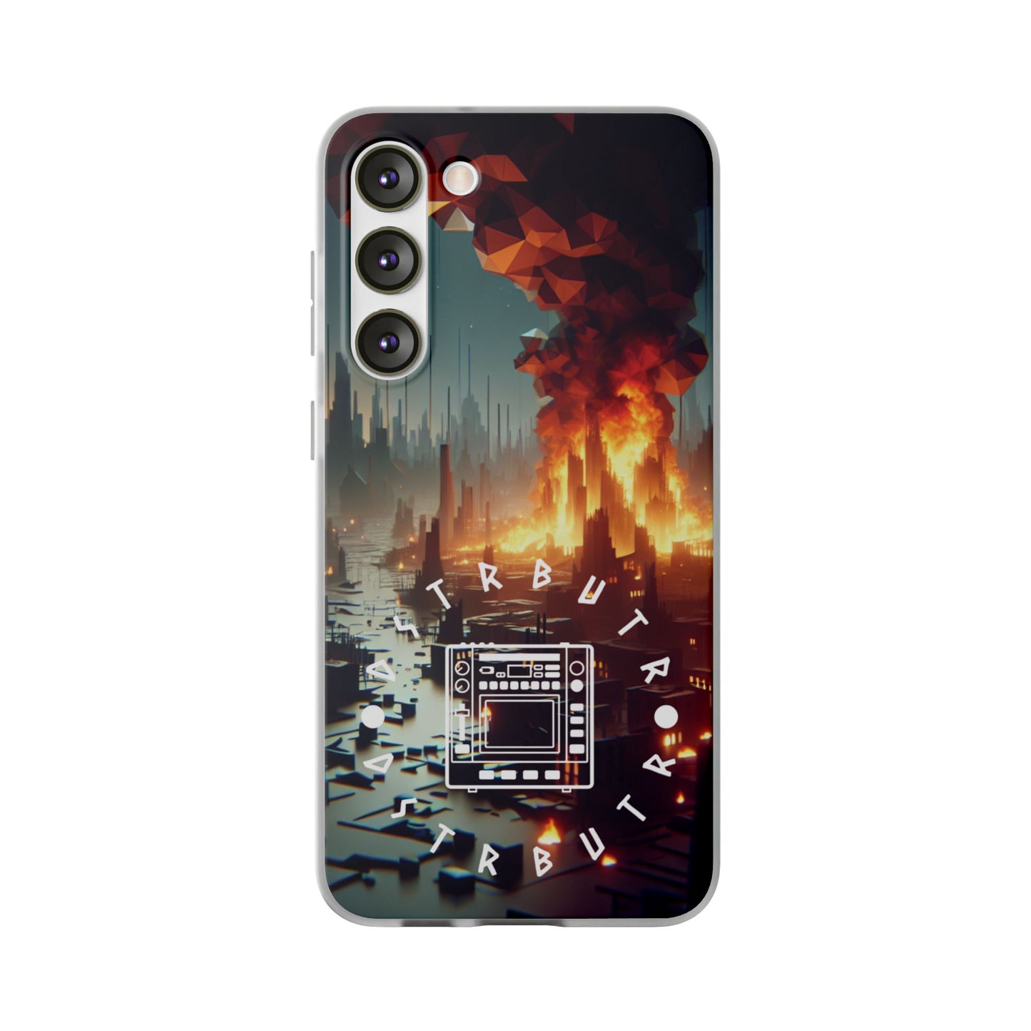 DSTRBUTR Flexi Cases with Fiery Cityscape Design – Perfect for Tech Enthusiasts and Gamers