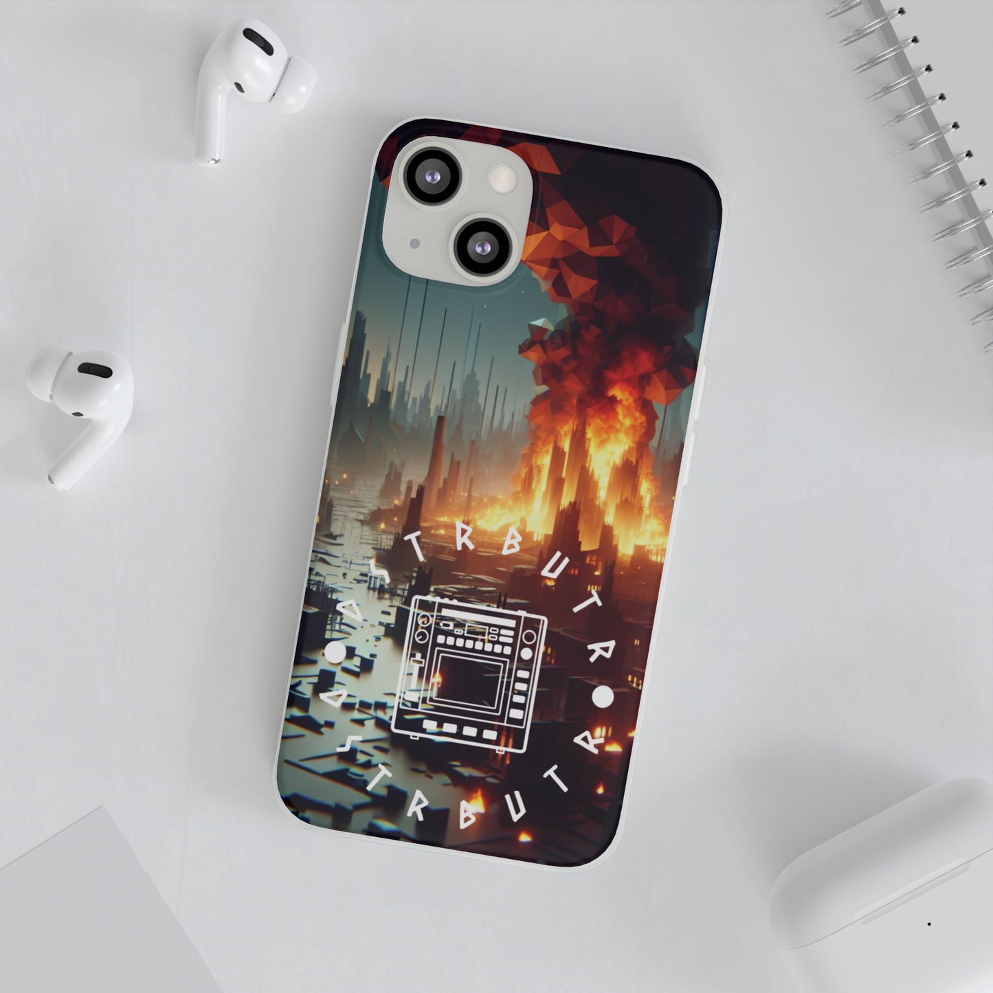 DSTRBUTR Flexi Cases with Fiery Cityscape Design – Perfect for Tech Enthusiasts and Gamers