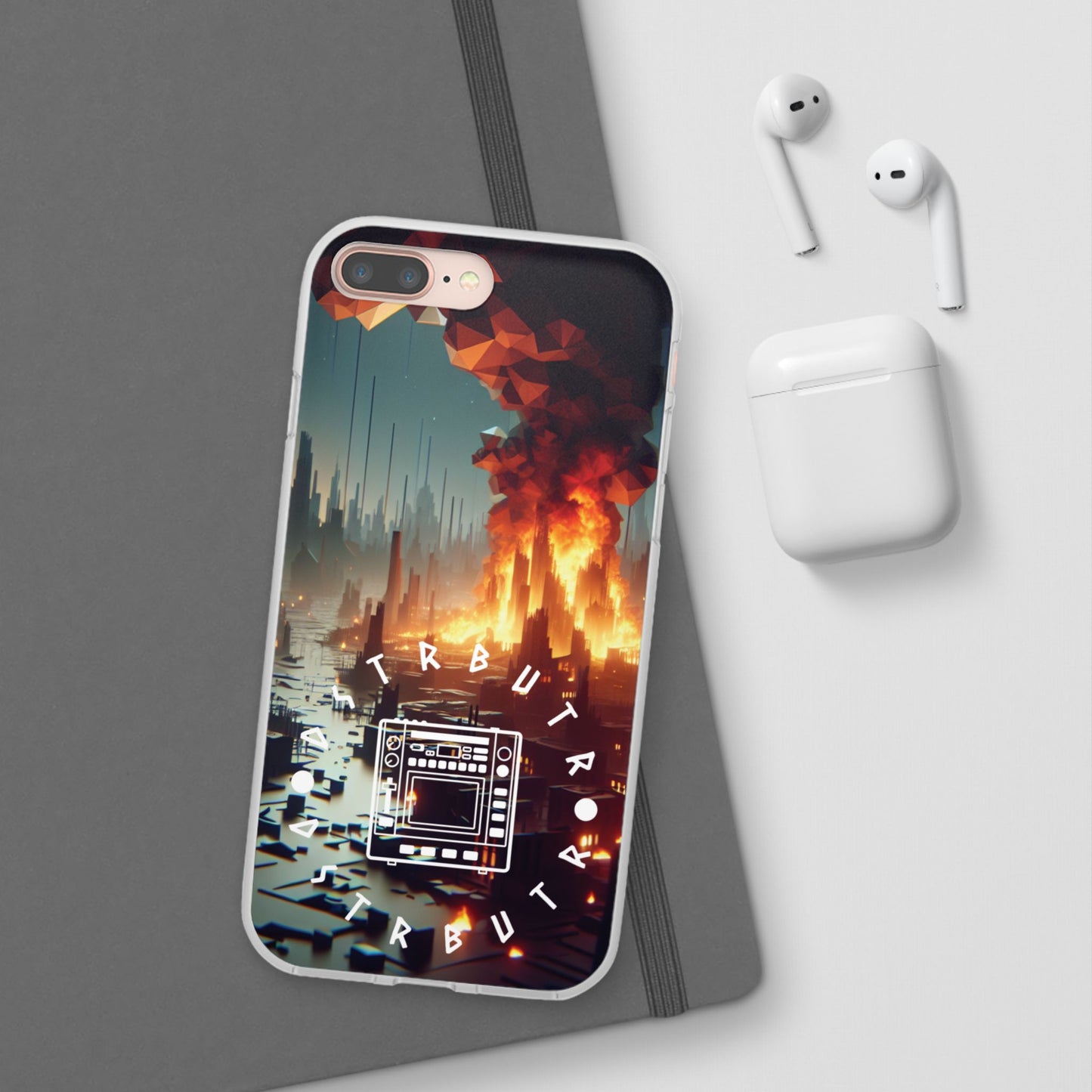 DSTRBUTR Flexi Cases with Fiery Cityscape Design – Perfect for Tech Enthusiasts and Gamers