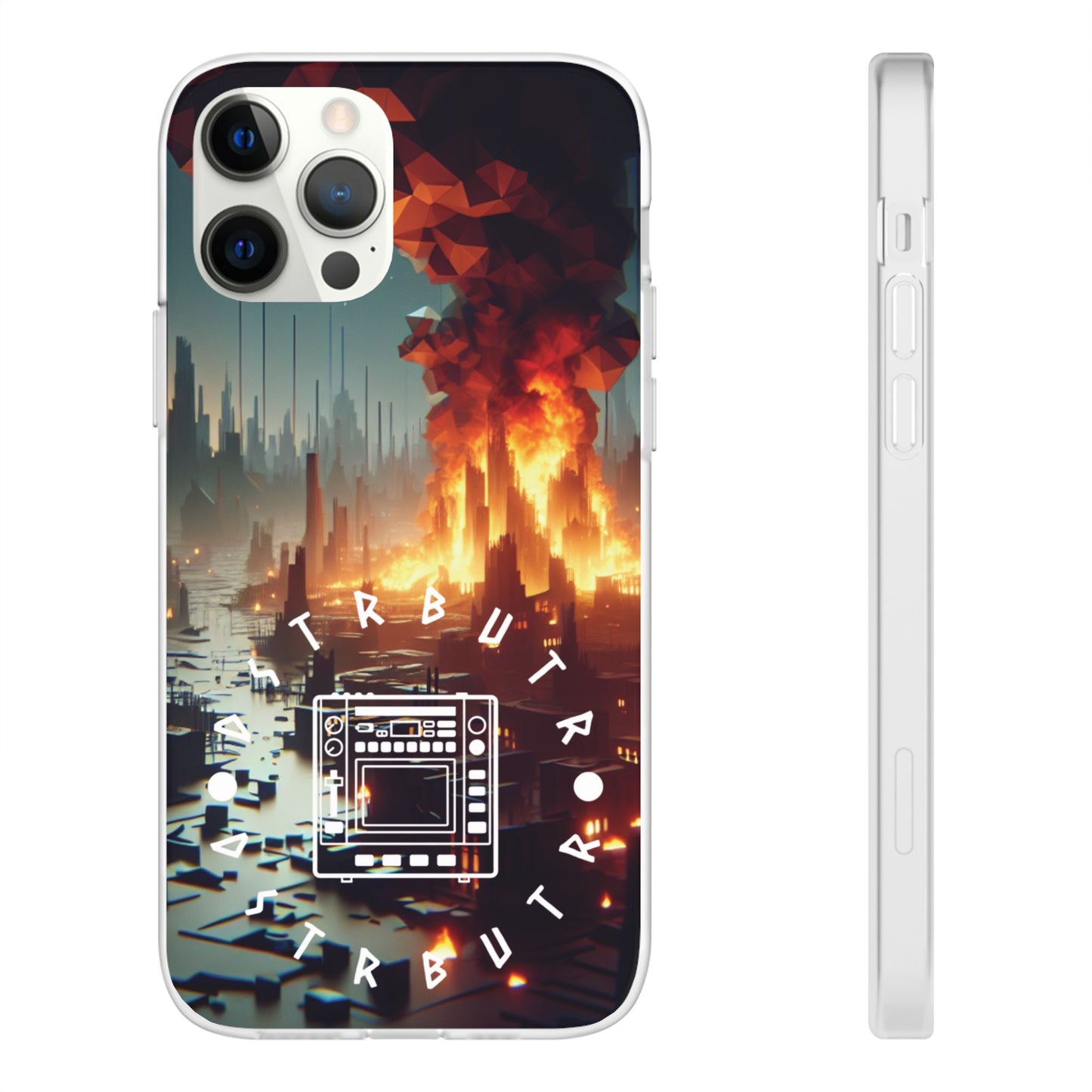 DSTRBUTR Flexi Cases with Fiery Cityscape Design – Perfect for Tech Enthusiasts and Gamers