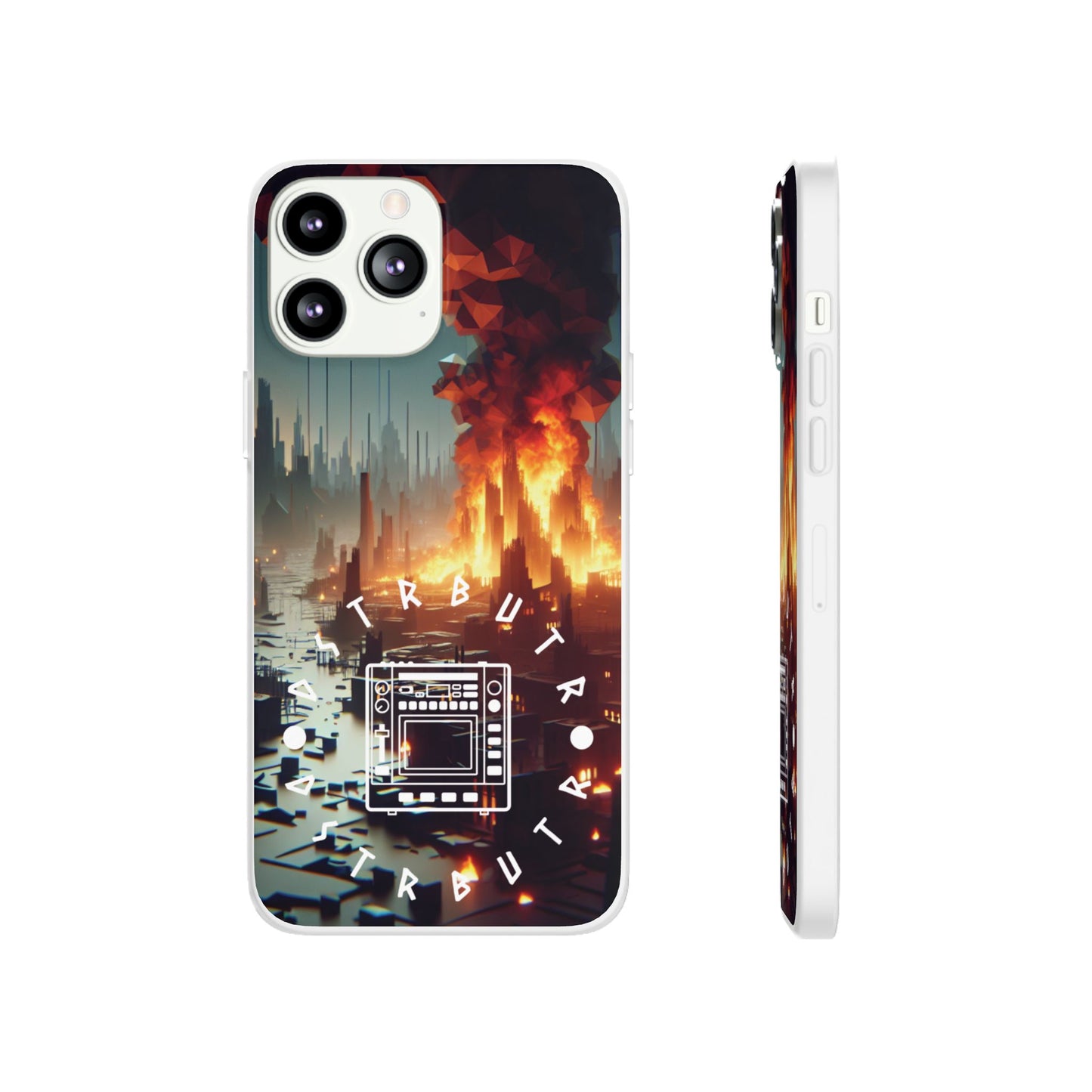 DSTRBUTR Flexi Cases with Fiery Cityscape Design – Perfect for Tech Enthusiasts and Gamers