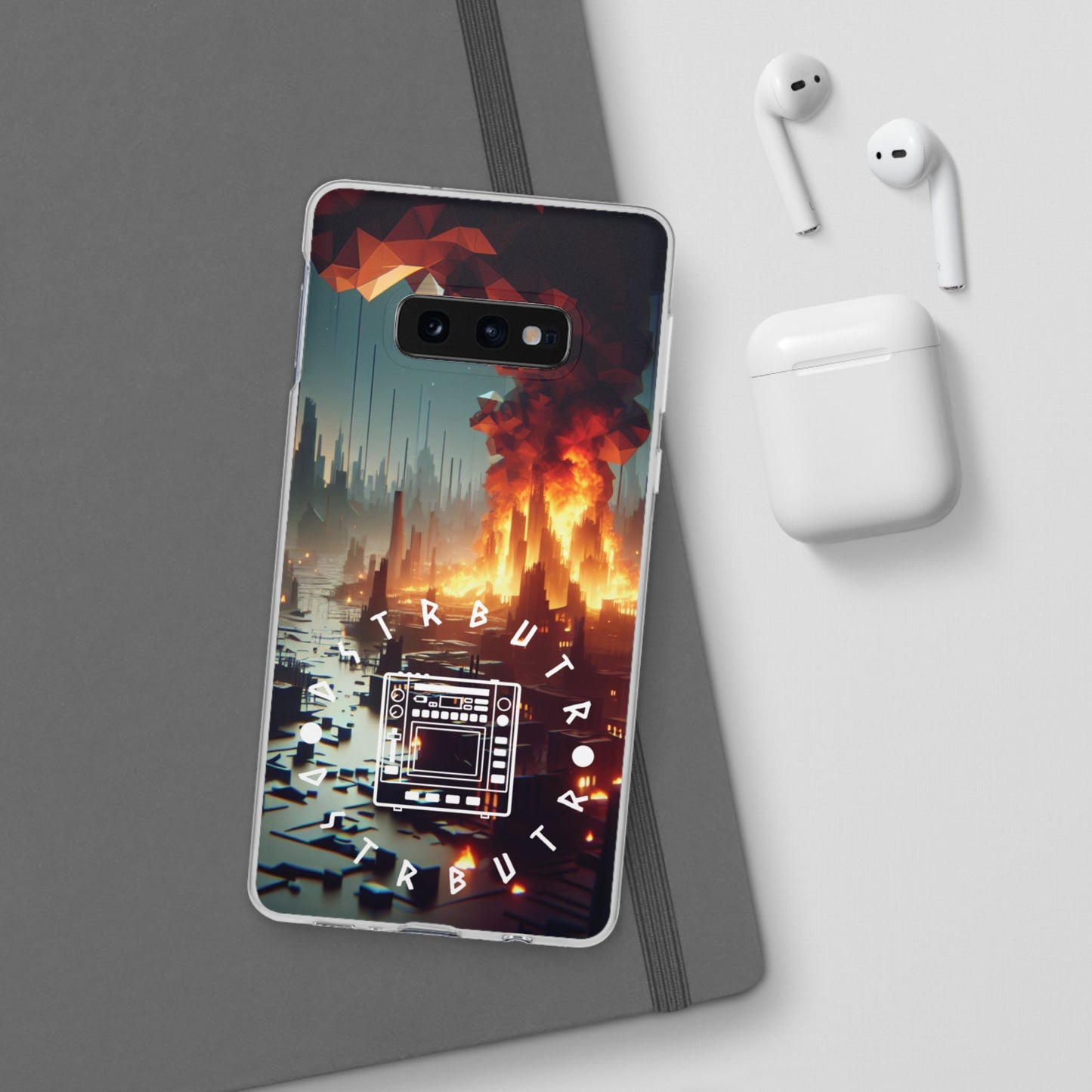 DSTRBUTR Flexi Cases with Fiery Cityscape Design – Perfect for Tech Enthusiasts and Gamers