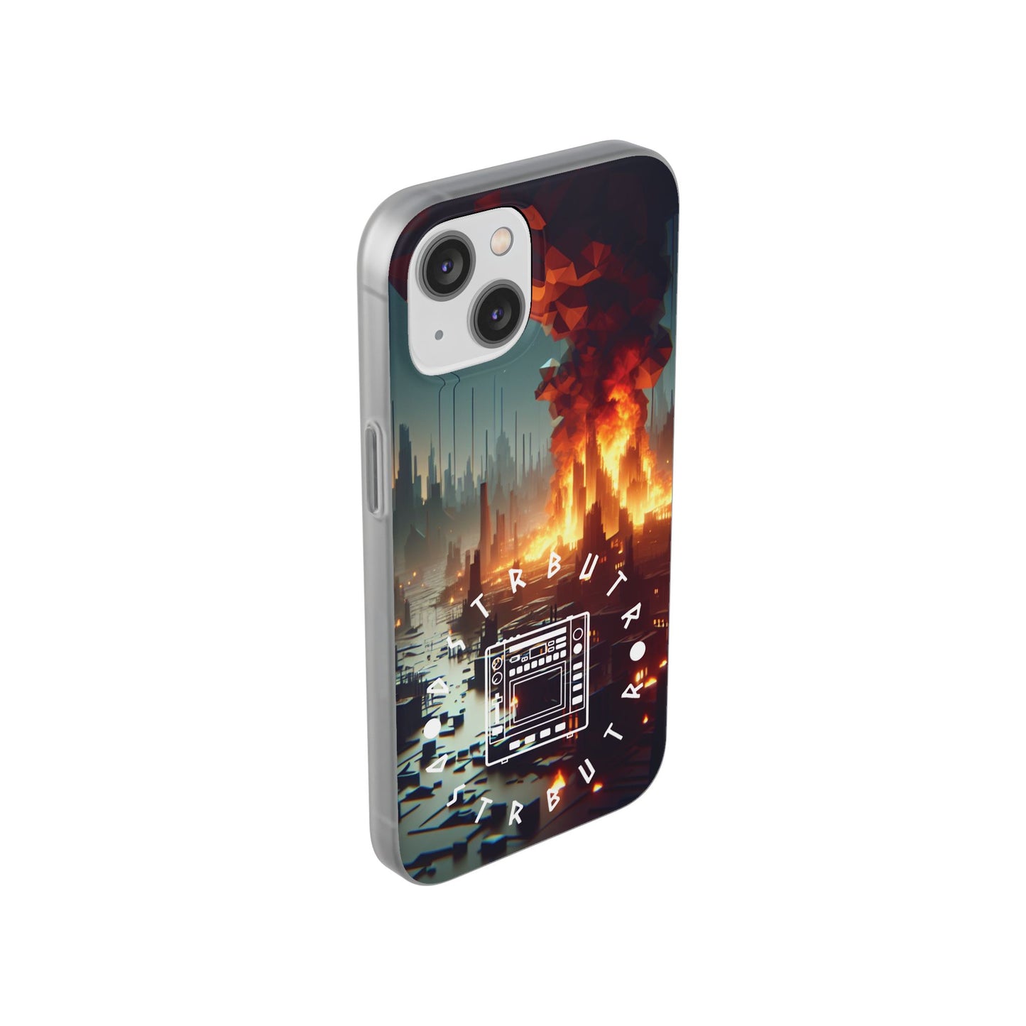 DSTRBUTR Flexi Cases with Fiery Cityscape Design – Perfect for Tech Enthusiasts and Gamers