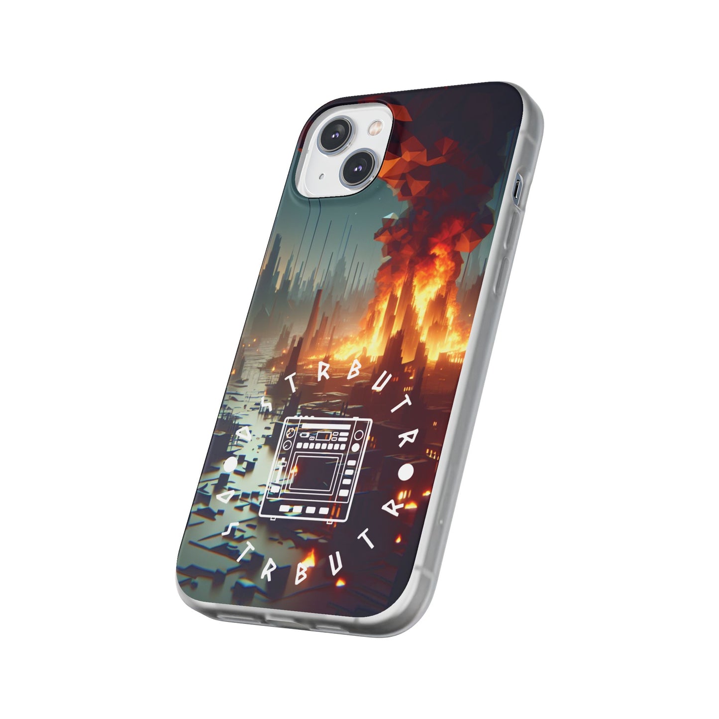 DSTRBUTR Flexi Cases with Fiery Cityscape Design – Perfect for Tech Enthusiasts and Gamers