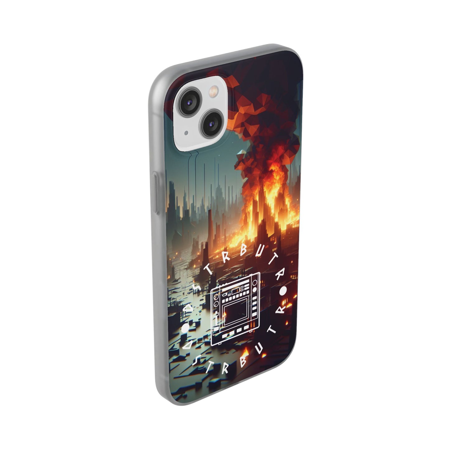 DSTRBUTR Flexi Cases with Fiery Cityscape Design – Perfect for Tech Enthusiasts and Gamers