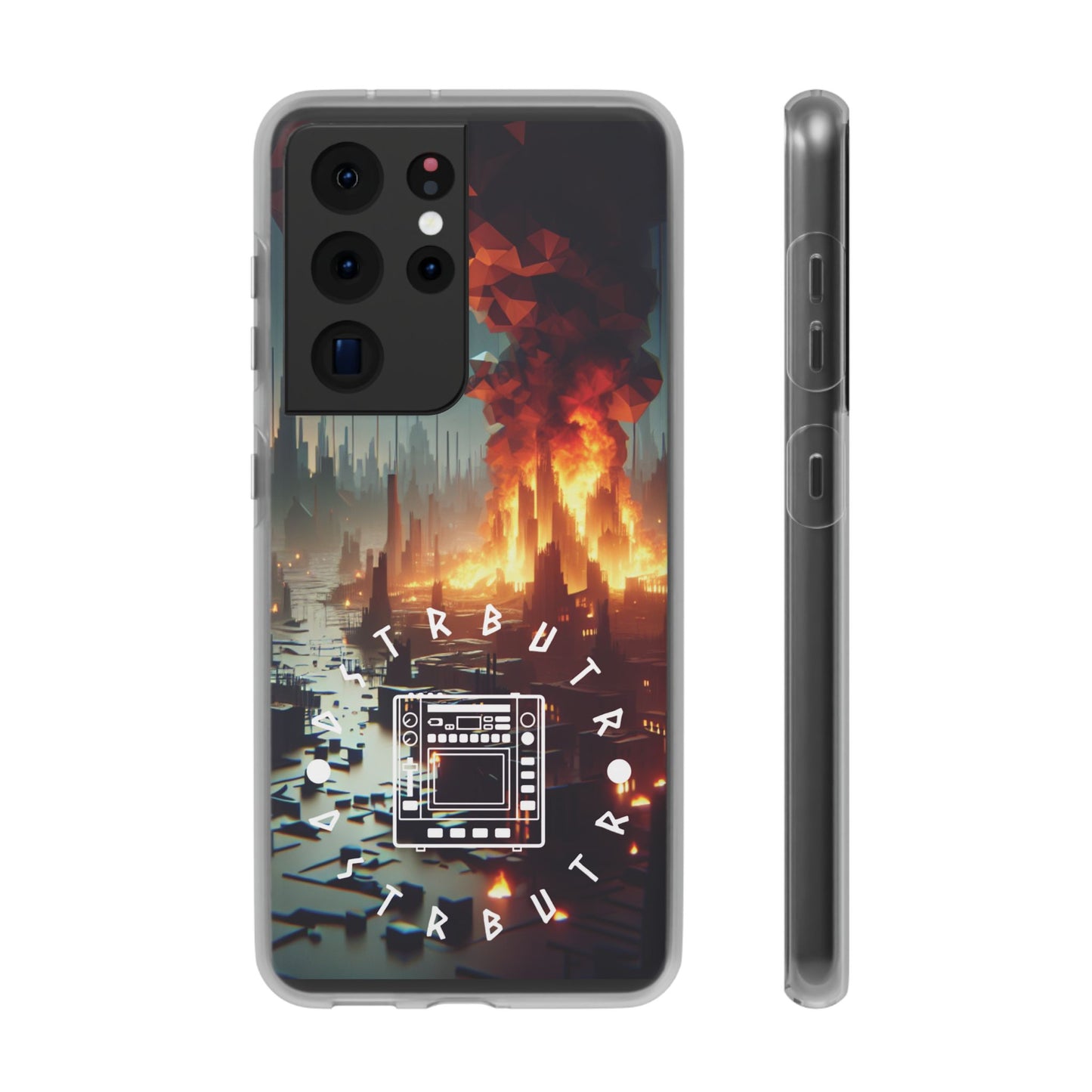 DSTRBUTR Flexi Cases with Fiery Cityscape Design – Perfect for Tech Enthusiasts and Gamers