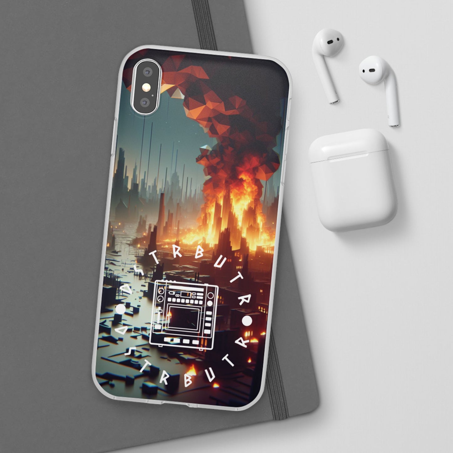 DSTRBUTR Flexi Cases with Fiery Cityscape Design – Perfect for Tech Enthusiasts and Gamers