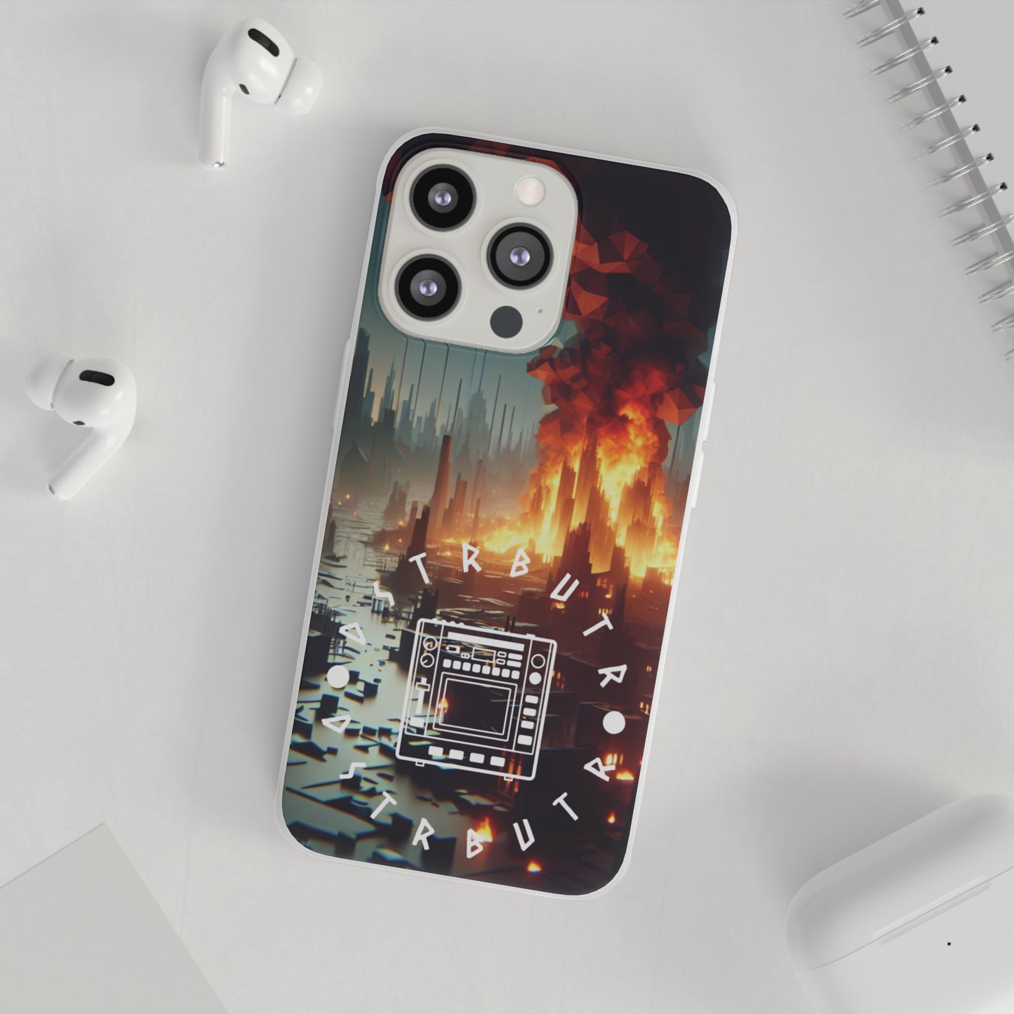 DSTRBUTR Flexi Cases with Fiery Cityscape Design – Perfect for Tech Enthusiasts and Gamers