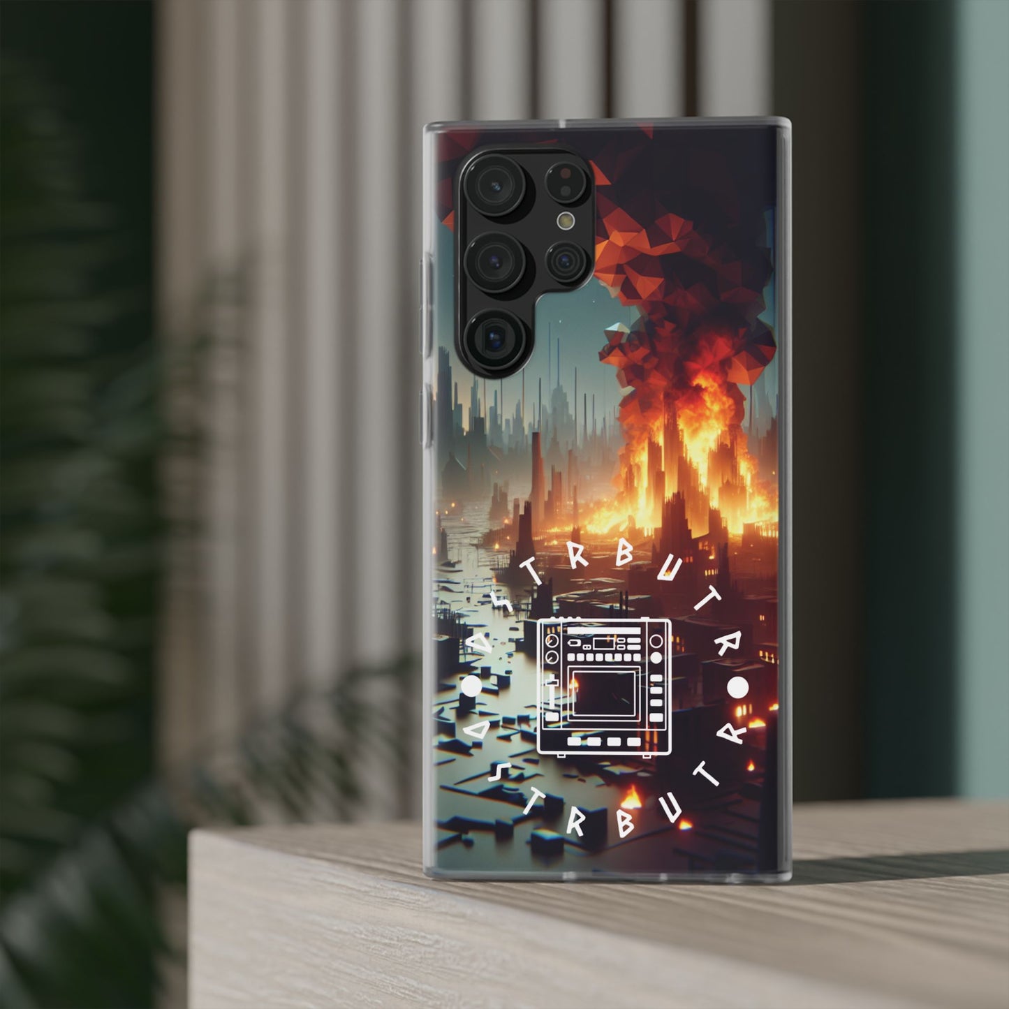 DSTRBUTR Flexi Cases with Fiery Cityscape Design – Perfect for Tech Enthusiasts and Gamers