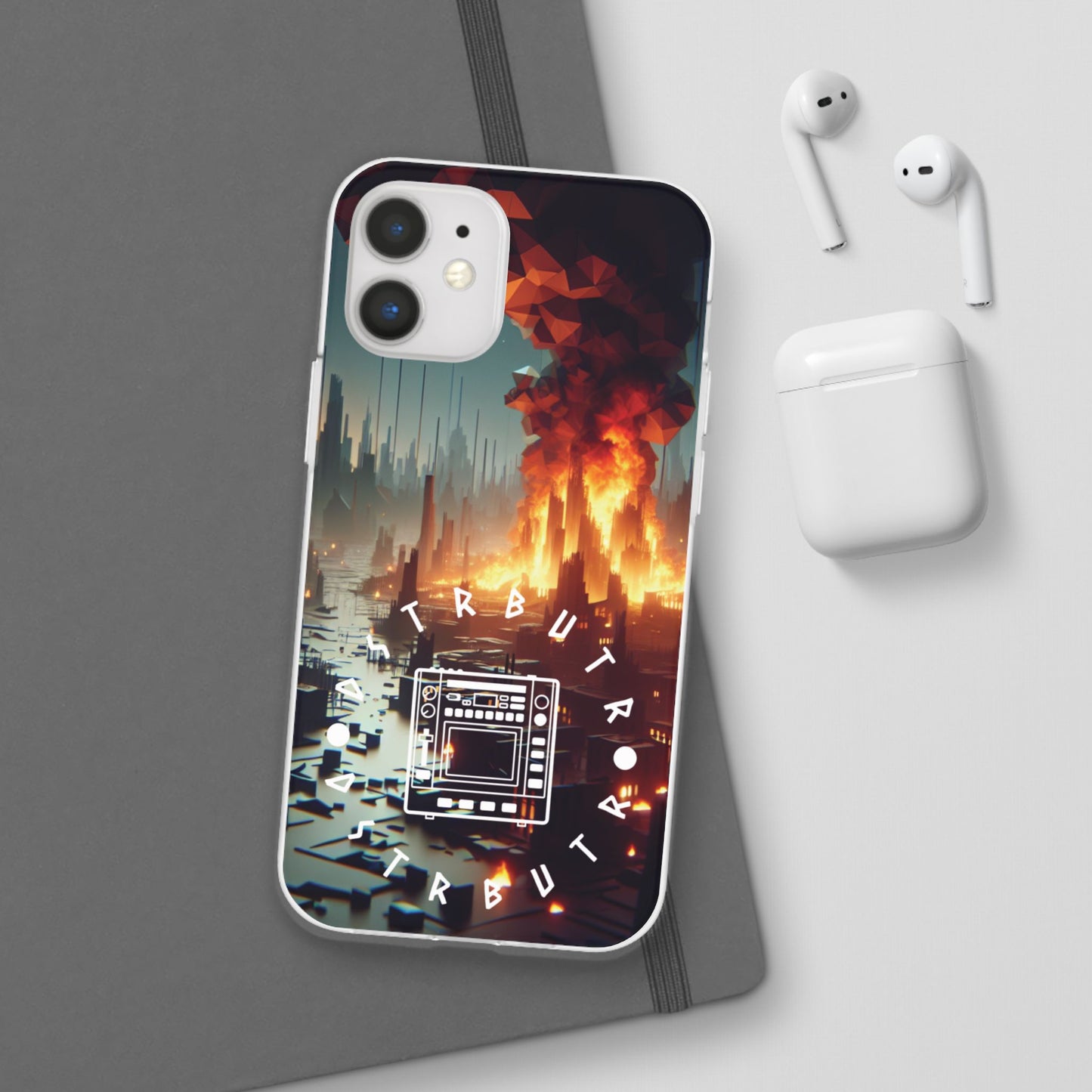 DSTRBUTR Flexi Cases with Fiery Cityscape Design – Perfect for Tech Enthusiasts and Gamers