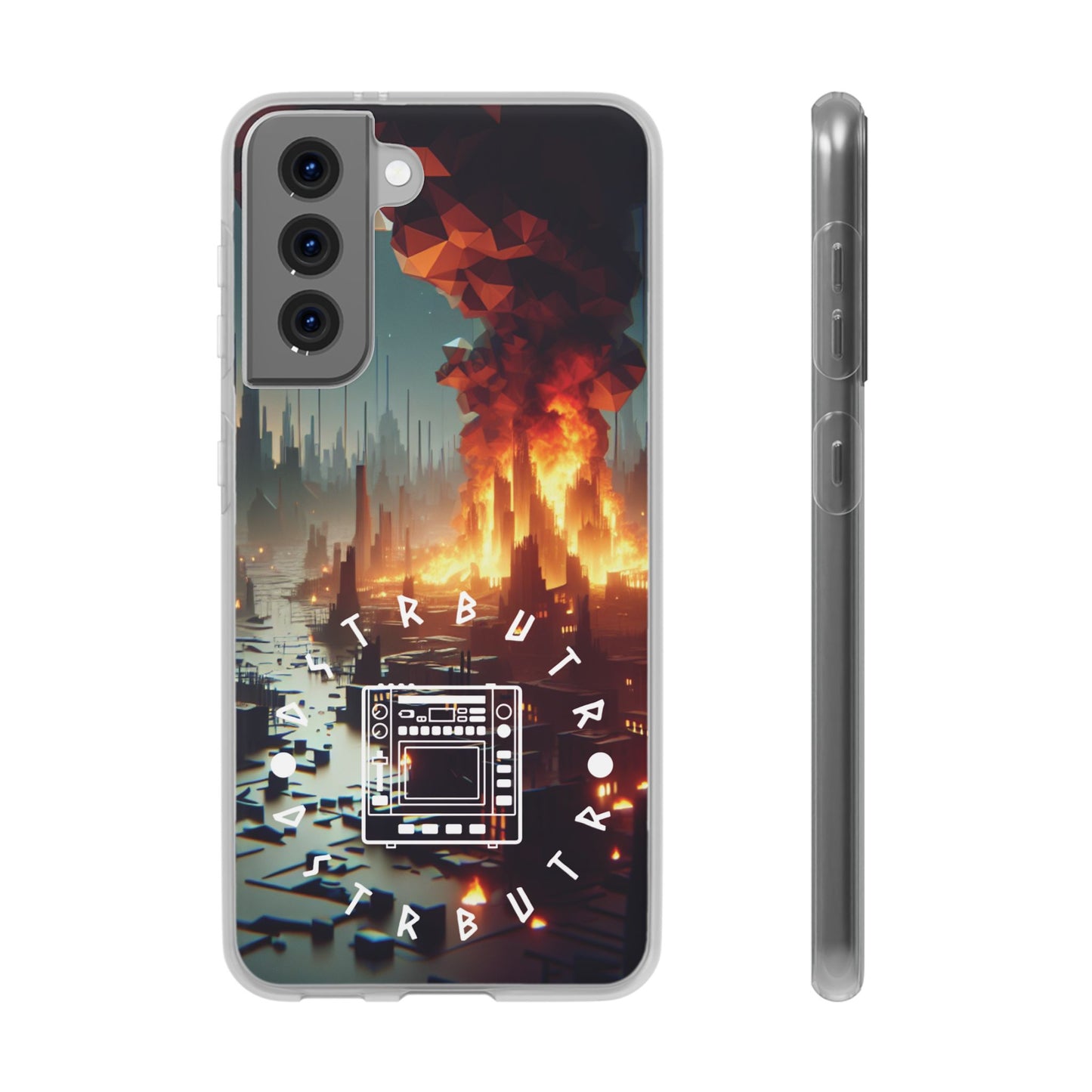 DSTRBUTR Flexi Cases with Fiery Cityscape Design – Perfect for Tech Enthusiasts and Gamers