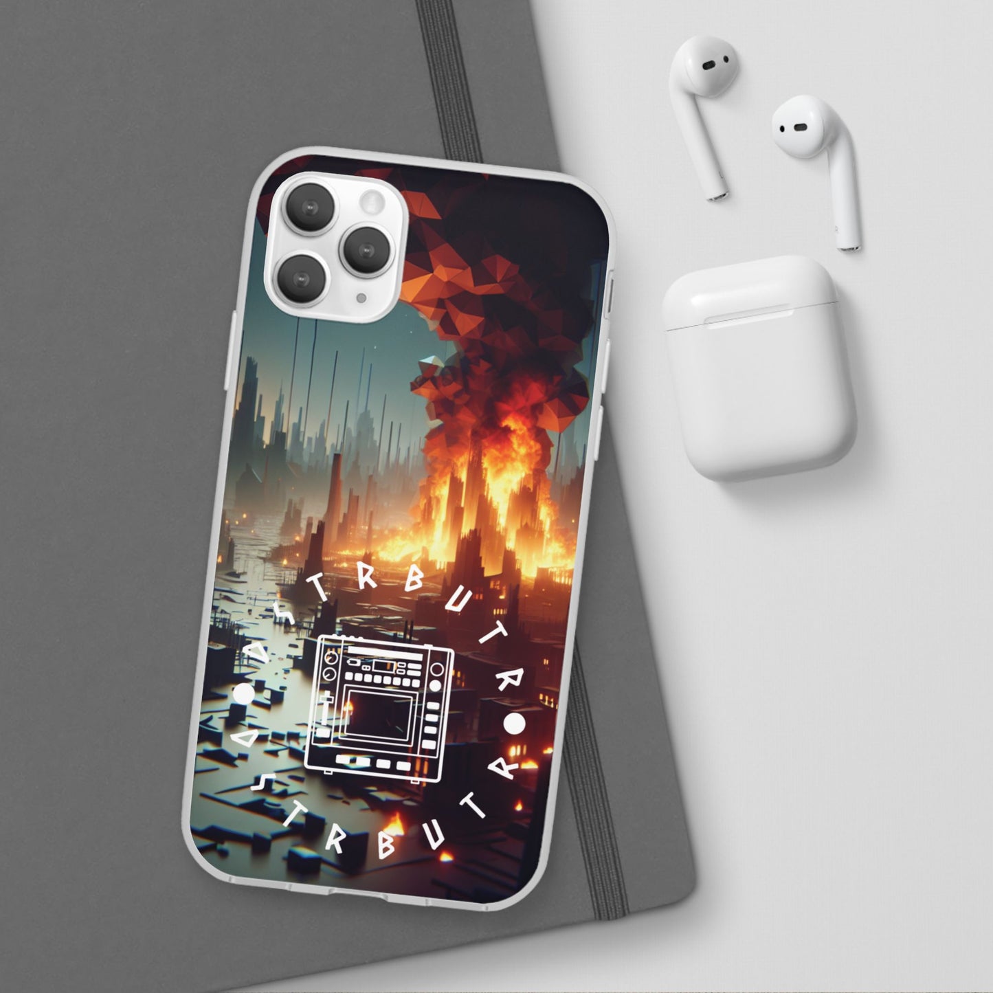 DSTRBUTR Flexi Cases with Fiery Cityscape Design – Perfect for Tech Enthusiasts and Gamers