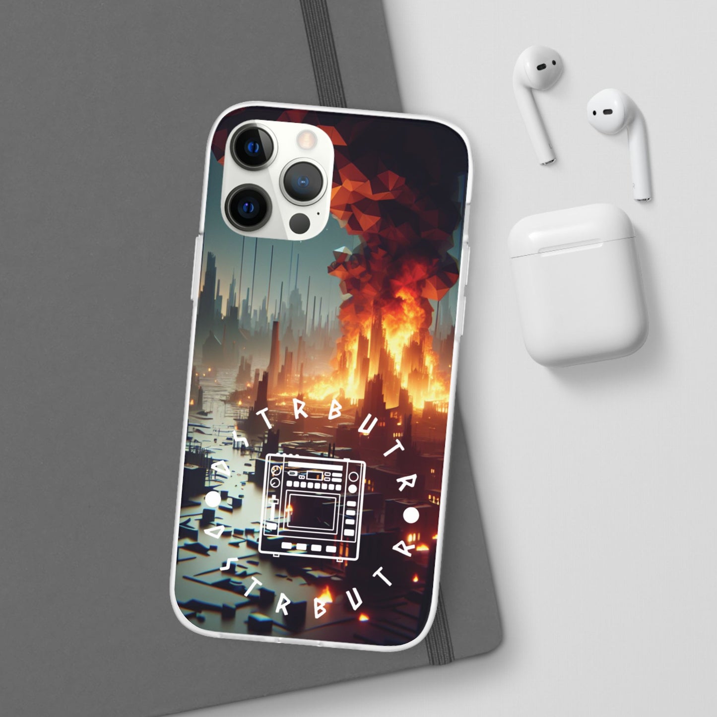 DSTRBUTR Flexi Cases with Fiery Cityscape Design – Perfect for Tech Enthusiasts and Gamers