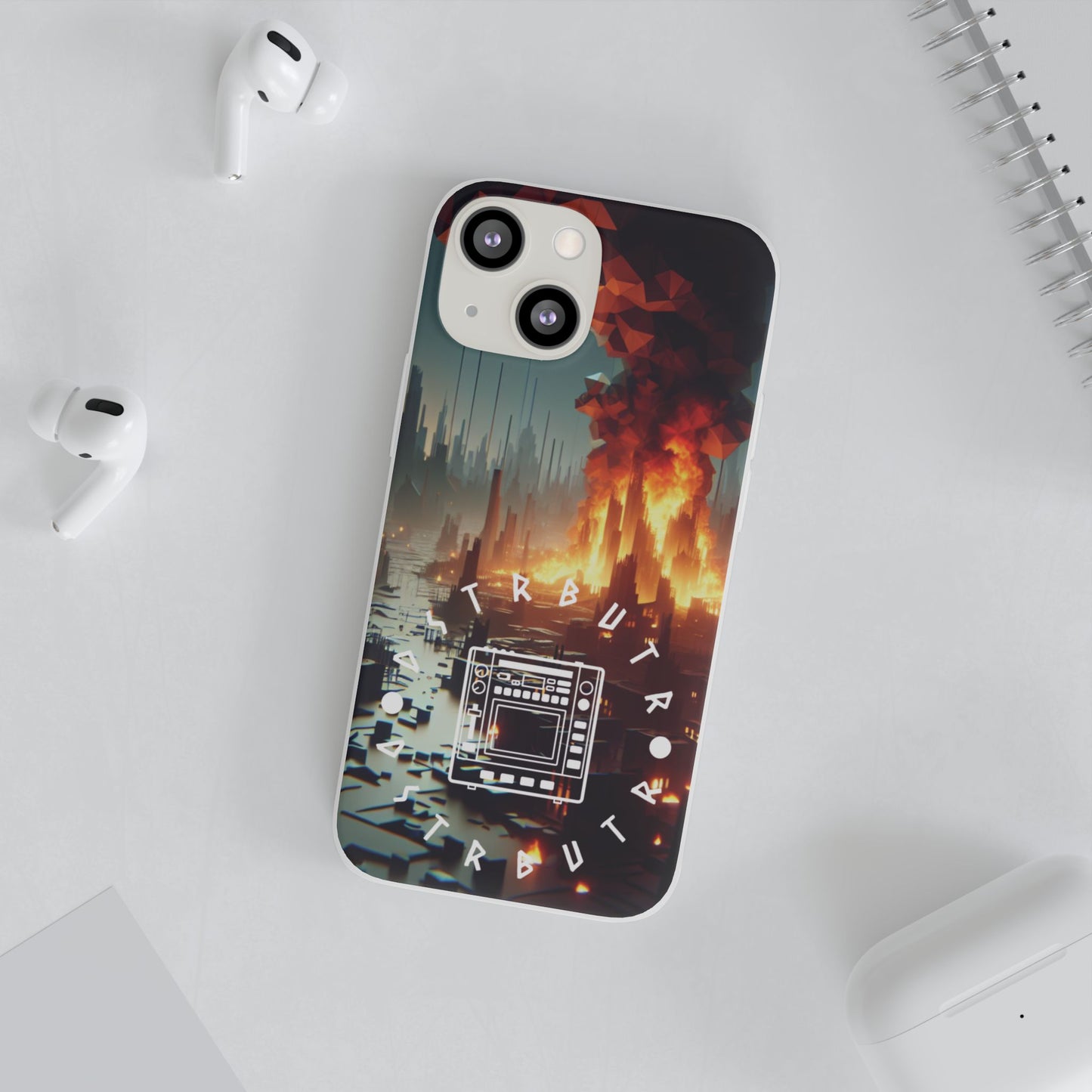 DSTRBUTR Flexi Cases with Fiery Cityscape Design – Perfect for Tech Enthusiasts and Gamers