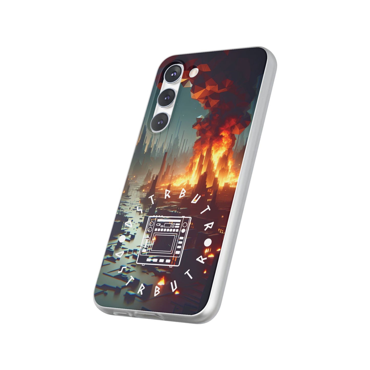 DSTRBUTR Flexi Cases with Fiery Cityscape Design – Perfect for Tech Enthusiasts and Gamers