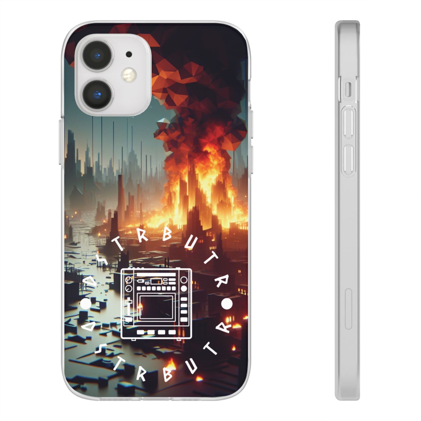 DSTRBUTR Flexi Cases with Fiery Cityscape Design – Perfect for Tech Enthusiasts and Gamers