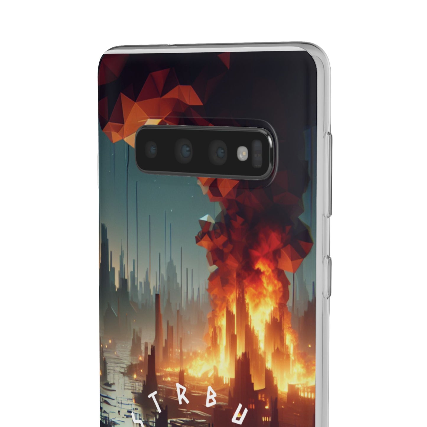 DSTRBUTR Flexi Cases with Fiery Cityscape Design – Perfect for Tech Enthusiasts and Gamers