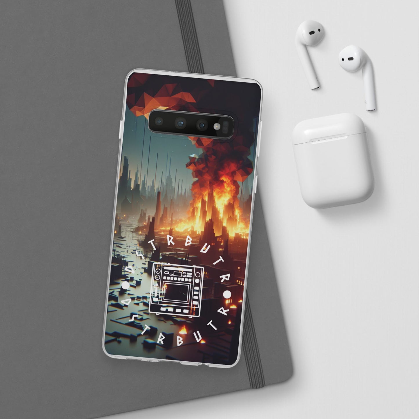 DSTRBUTR Flexi Cases with Fiery Cityscape Design – Perfect for Tech Enthusiasts and Gamers