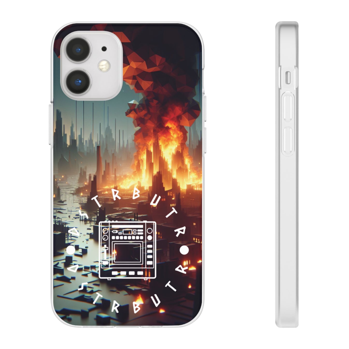 DSTRBUTR Flexi Cases with Fiery Cityscape Design – Perfect for Tech Enthusiasts and Gamers