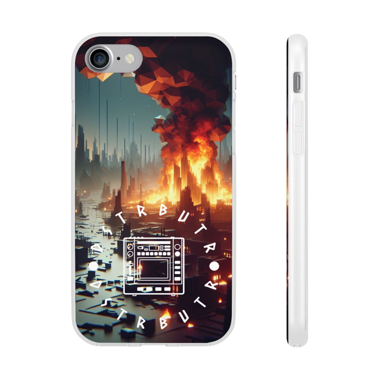 DSTRBUTR Flexi Cases with Fiery Cityscape Design – Perfect for Tech Enthusiasts and Gamers