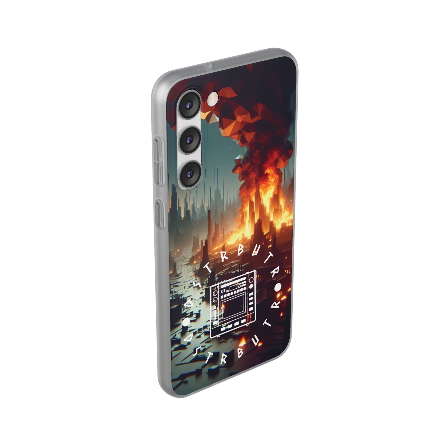 DSTRBUTR Flexi Cases with Fiery Cityscape Design – Perfect for Tech Enthusiasts and Gamers